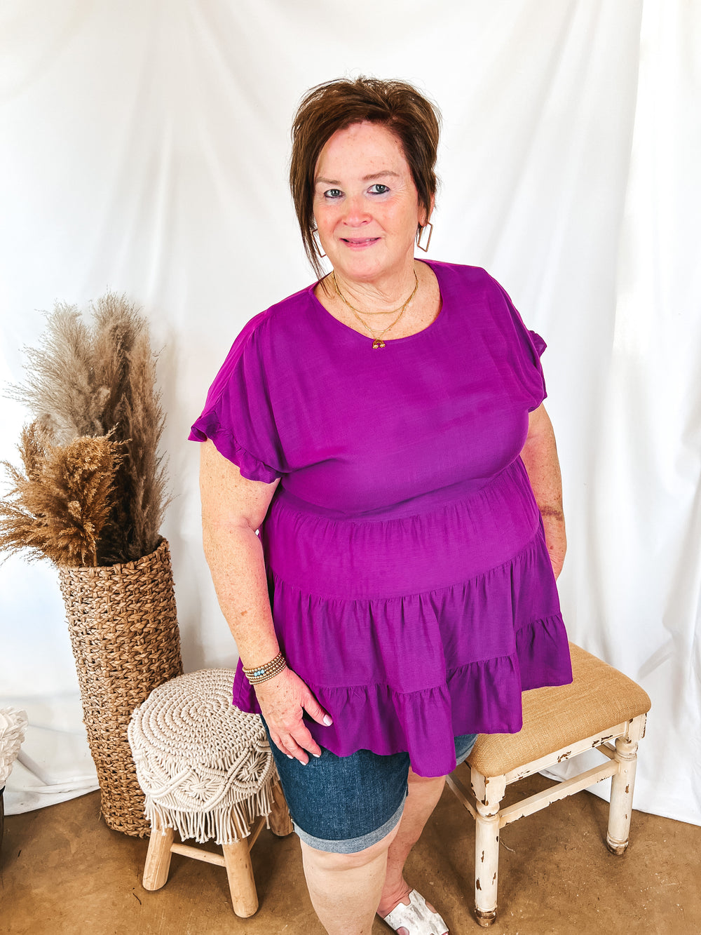 Belong To You Tiered Top with Ruffle Cap Sleeves in Magenta - Giddy Up Glamour Boutique