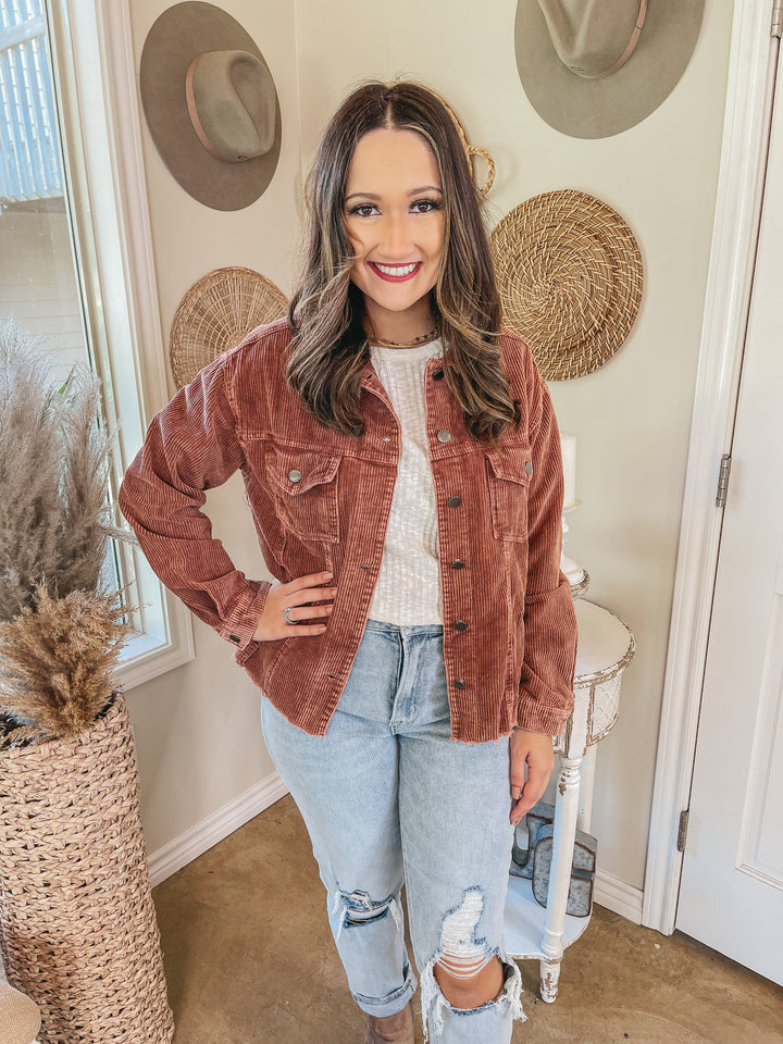 Vermont Stroll Corduroy Cropped Shacket in Brown - Giddy Up Glamour Boutique