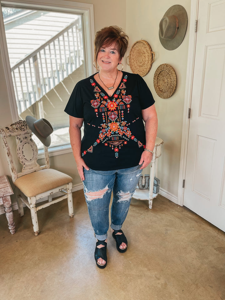 Southwest Senorita Embroidered Short Sleeve V Neck Top in Black - Giddy Up Glamour Boutique