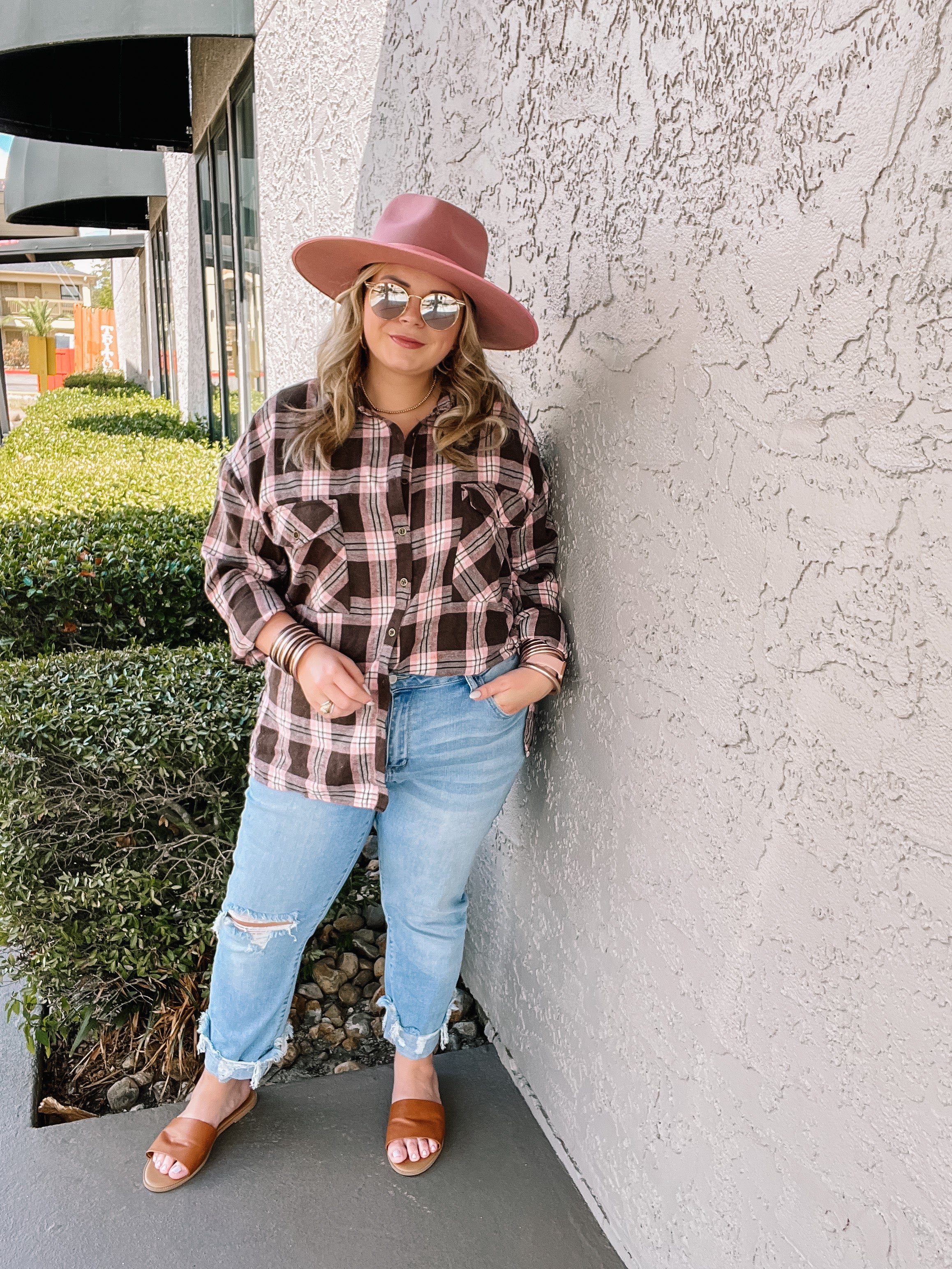 Cheery Mood Button Up Plaid Flannel Top in Pink and Brown - Giddy Up Glamour Boutique