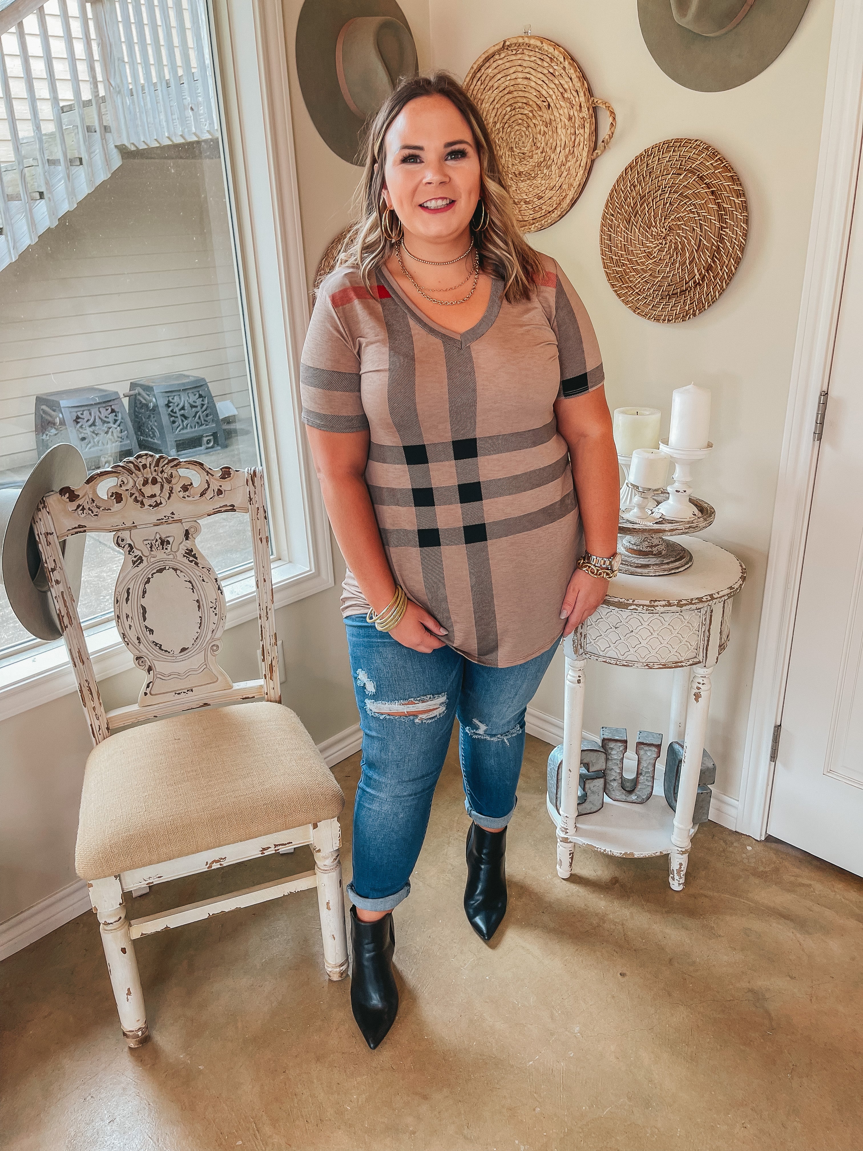 Keep Things Simple Plaid V Neck Tee in Taupe - Giddy Up Glamour Boutique