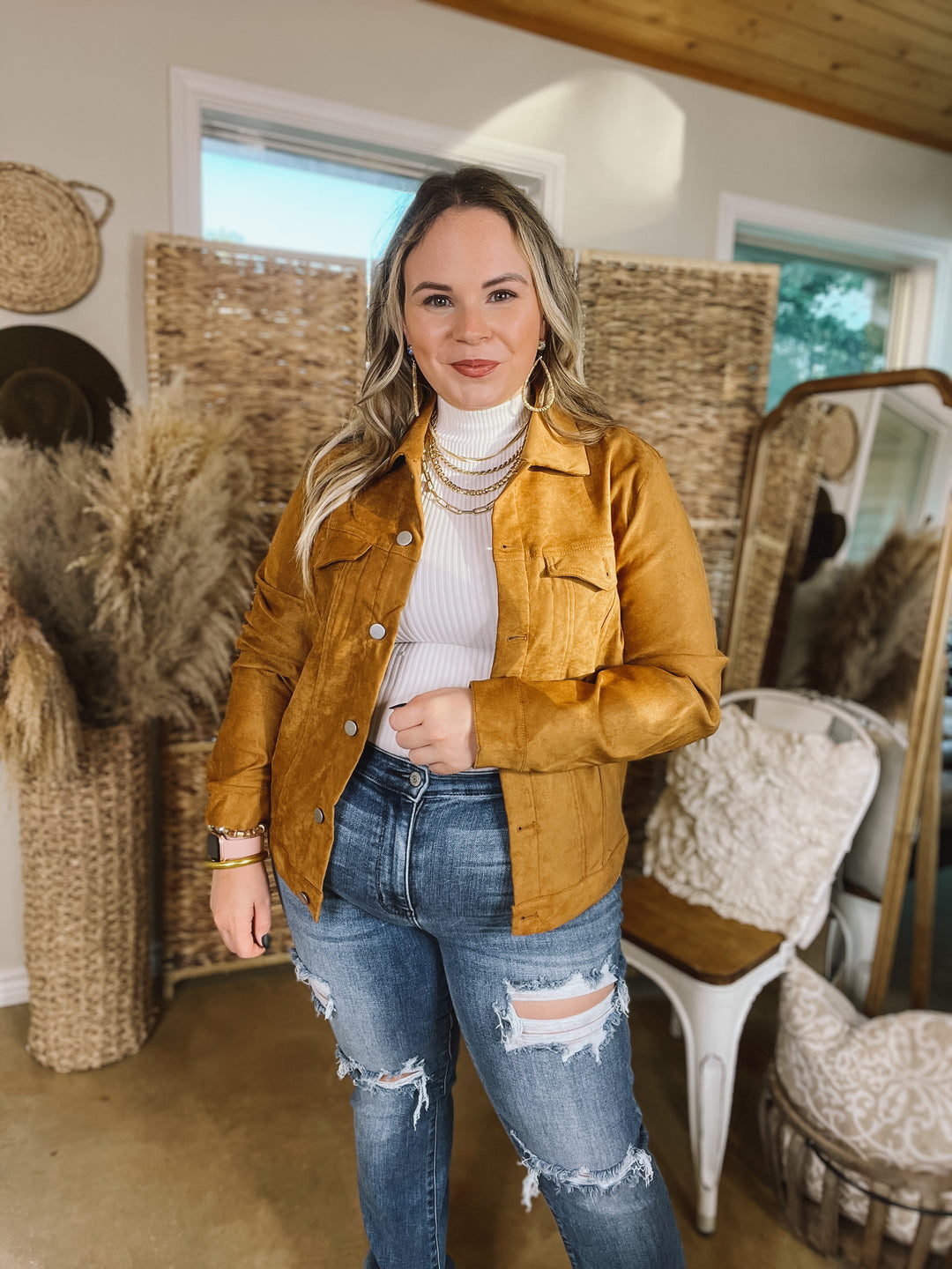 Small Town Girl Floral Embroidered Suede Button Up Jacket in Camel Brown - Giddy Up Glamour Boutique