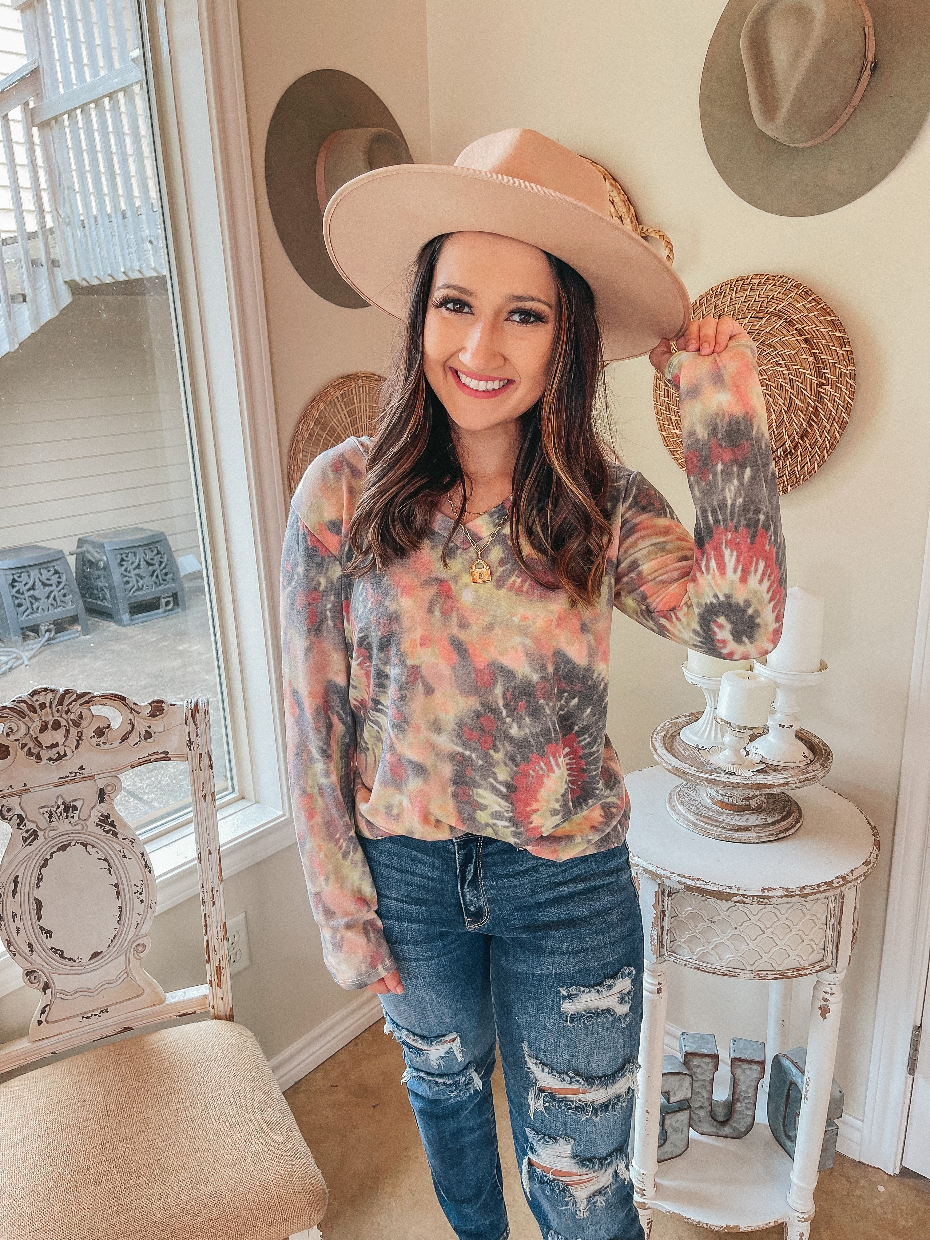 Last Chance Size S, M, & XL | Keep Things Simple Long Sleeve Spiral Tie Dye V Neck Pullover Top in Grey Multi - Giddy Up Glamour Boutique