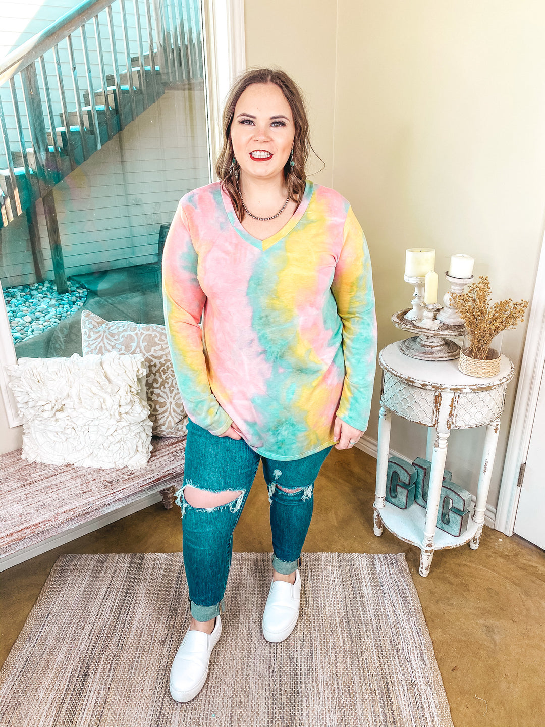 Last Chance Size S & M | Keep Things Simple Long Sleeve Tie Dye V Neck Pullover Top in Turquoise, Mustard, and Pink - Giddy Up Glamour Boutique