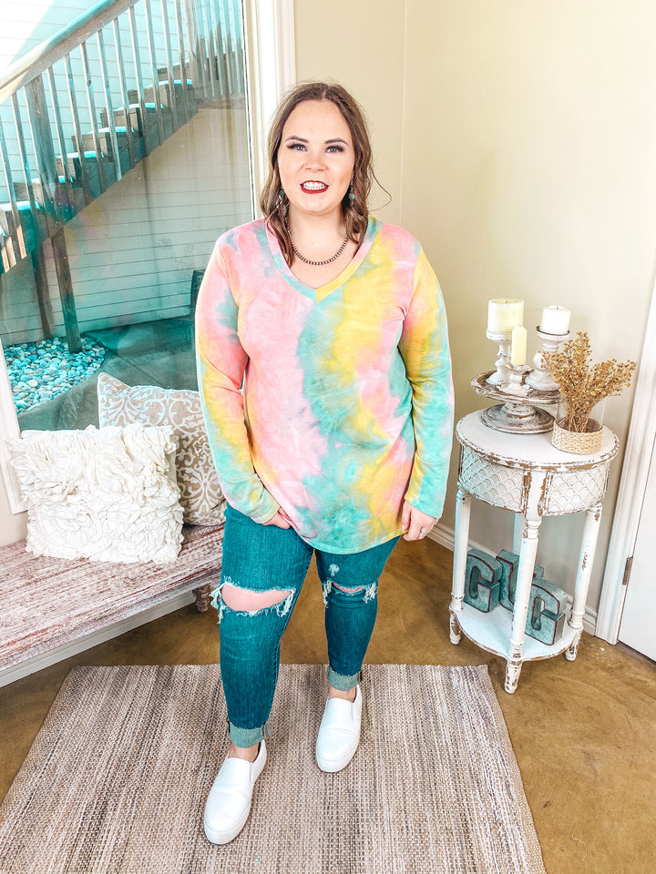 Last Chance Size S & M | Keep Things Simple Long Sleeve Tie Dye V Neck Pullover Top in Turquoise, Mustard, and Pink - Giddy Up Glamour Boutique