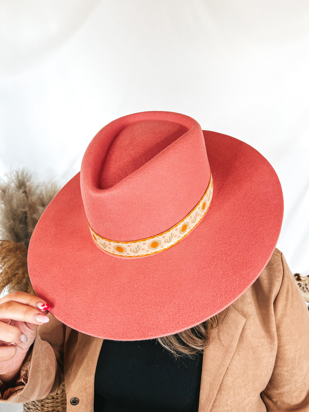 GiGi Pip | Dae Triangle Crown Wool Felt Hat with Cactus and Sun Band in Pink - Giddy Up Glamour Boutique