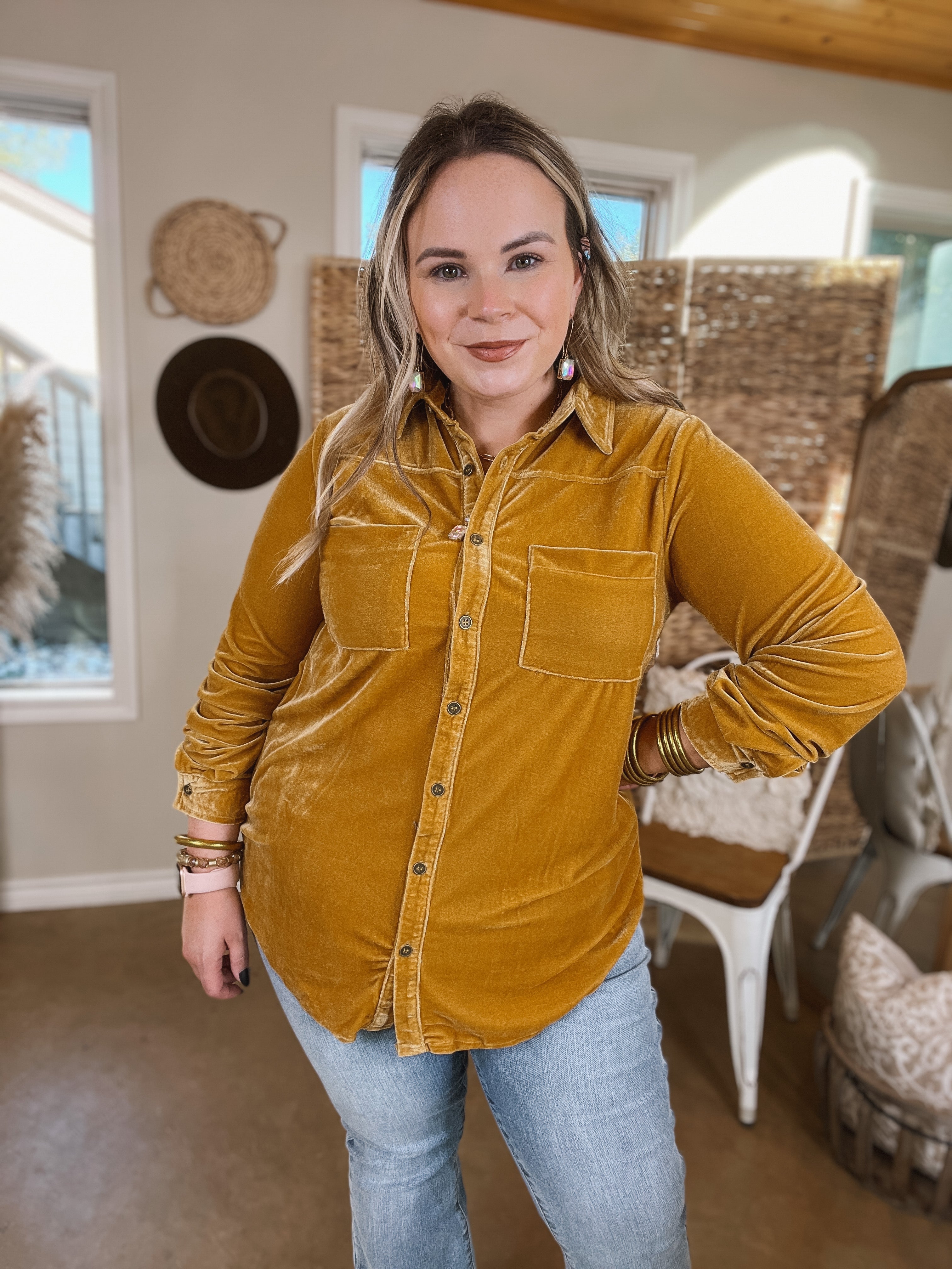 Candy Apple Evening Button Up Velvet Long Sleeve Blouse in Mustard - Giddy Up Glamour Boutique