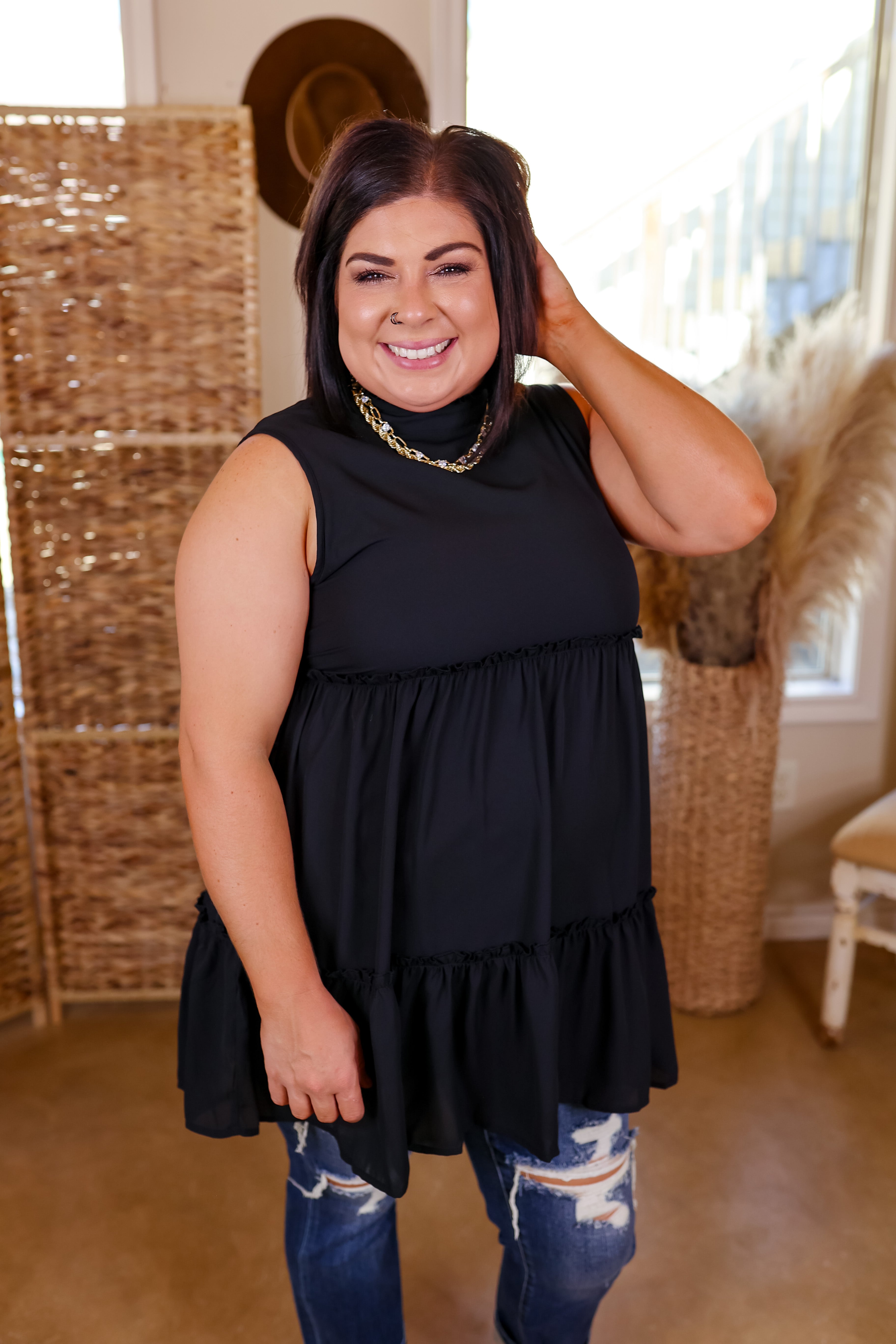 Attempt To Charm High Ruffle Neck Tank Tunic Top in Black - Giddy Up Glamour Boutique