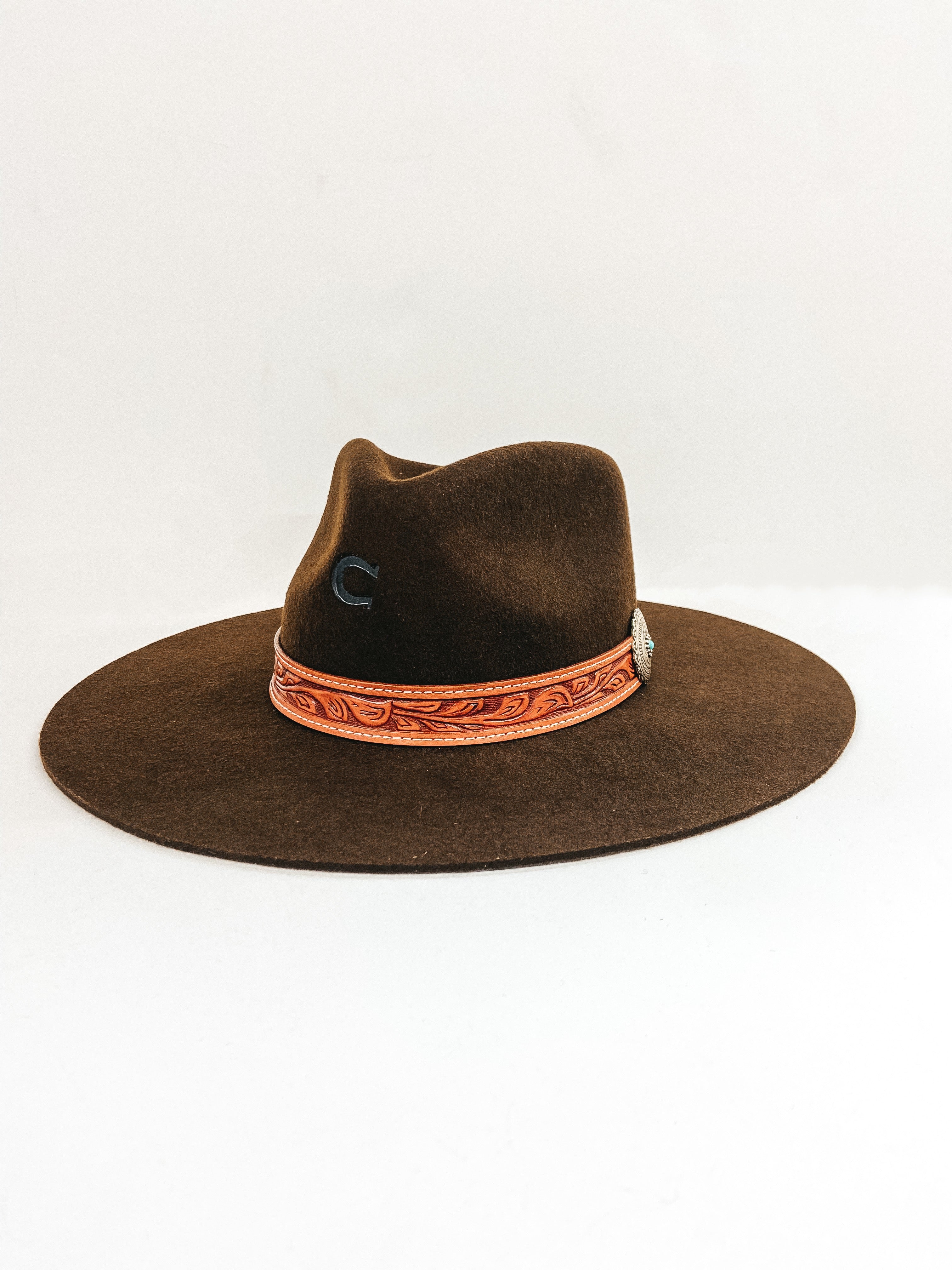 Charlie 1 Horse | White Sands Wool Felt Hat with Leather Tooled Band and Silver Concho in Chocolate Brown