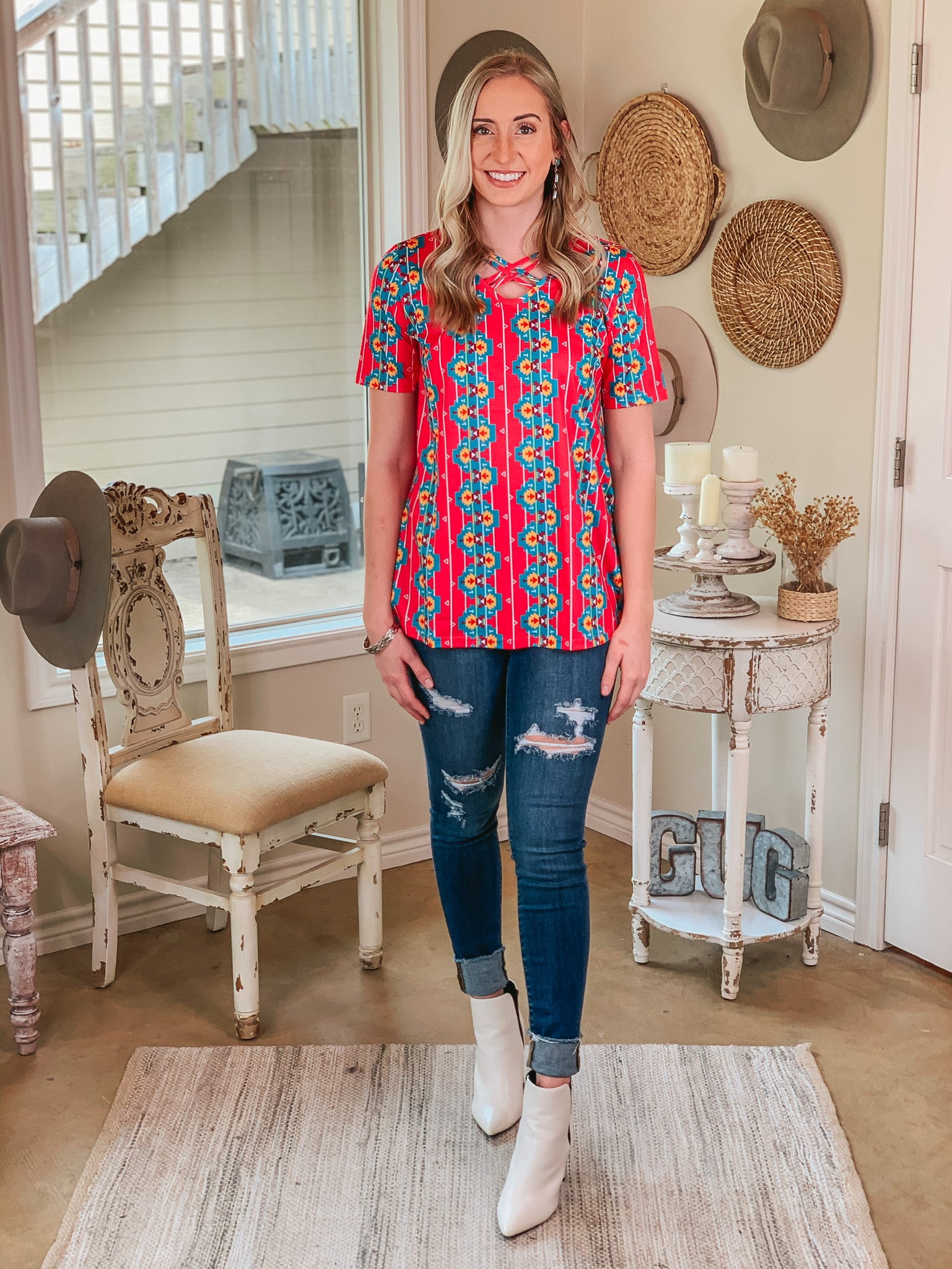 Last Chance Size Small | Take Me to Tucson Criss-Cross Neck Aztec Print Top in Hot Pink - Giddy Up Glamour Boutique