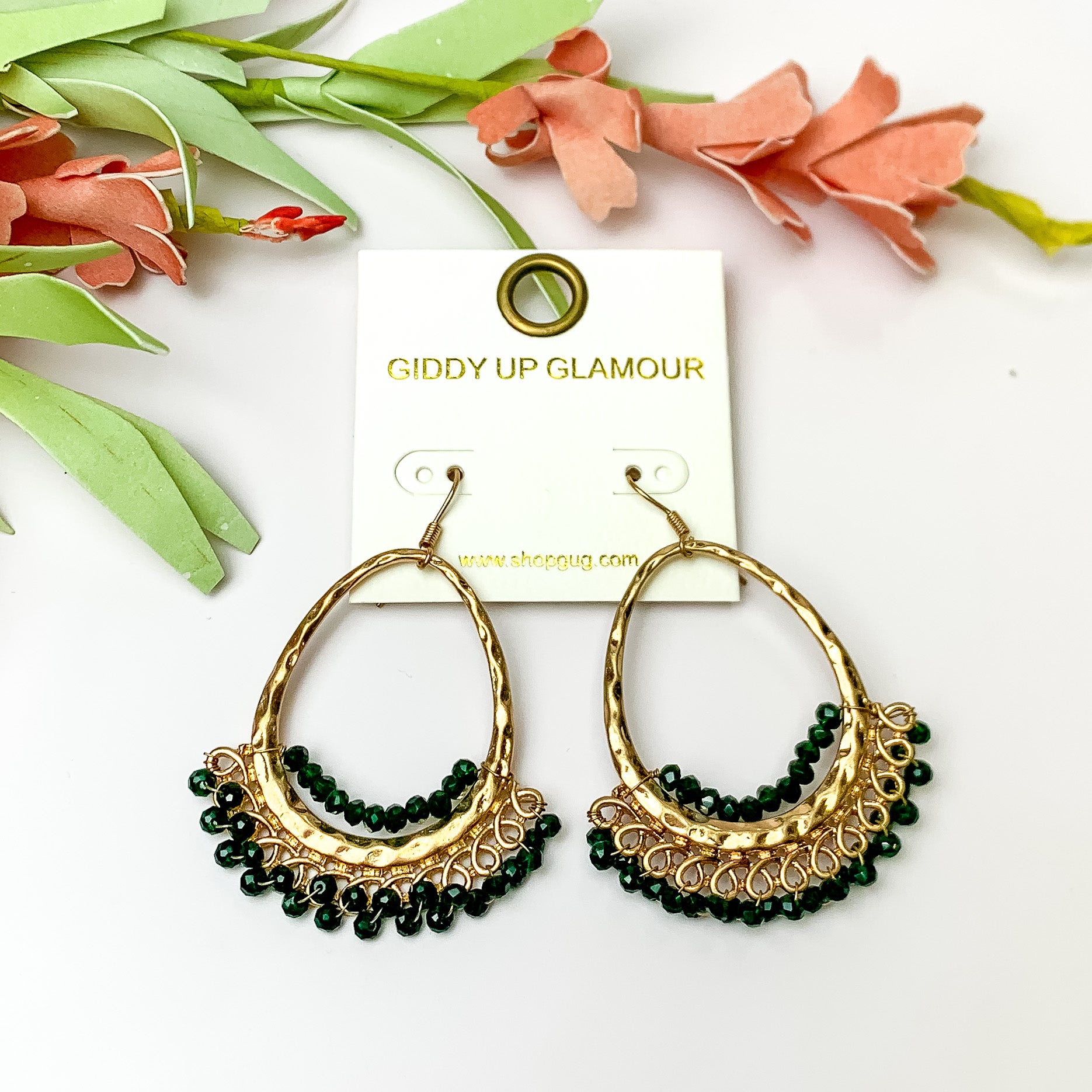 Emerald Green Beads Inside Open Gold Tone Teardrop Earrings - Giddy Up Glamour Boutique