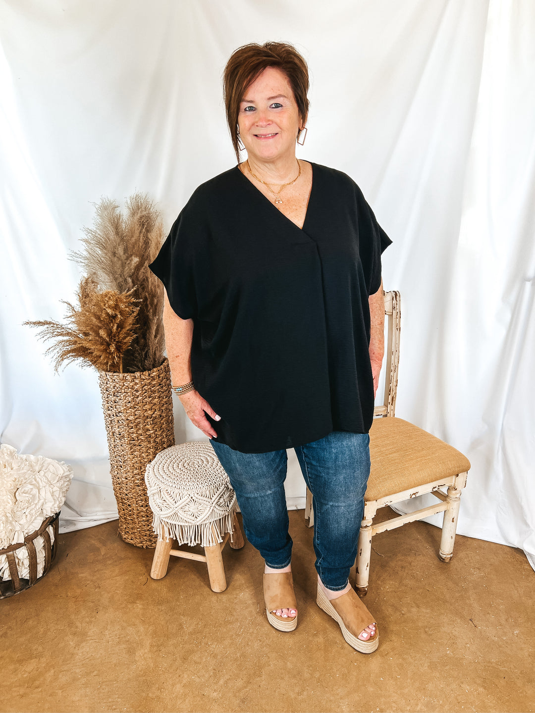 Weekend Out V Neck Placket Short Sleeve Top in Black - Giddy Up Glamour Boutique