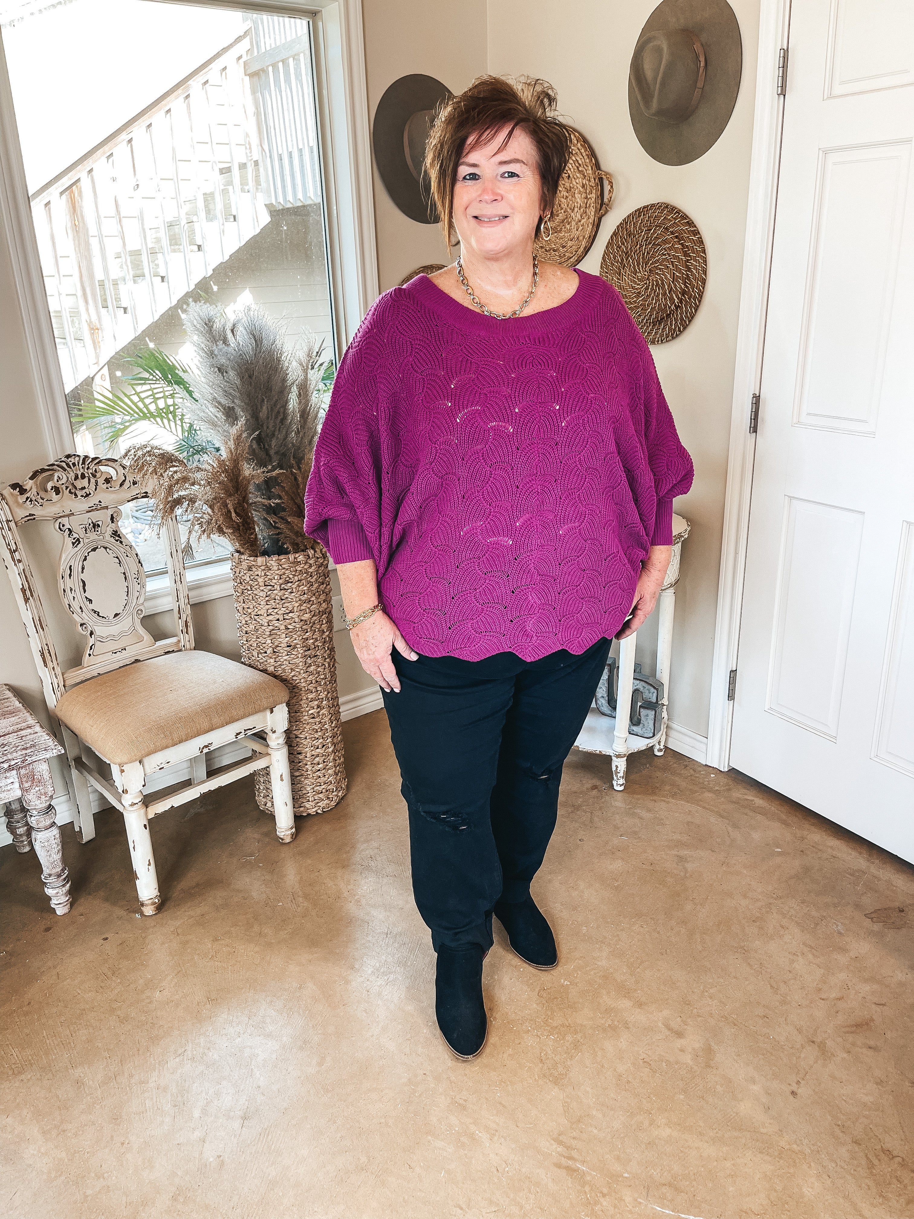 So Agreeable Knit Dolman Sweater with Scalloped Hemline in Magenta - Giddy Up Glamour Boutique