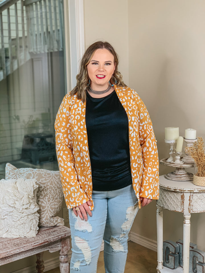 Out Of Office Leopard Print Open Front Blazer with Long Sleeves in Mustard Yellow - Giddy Up Glamour Boutique