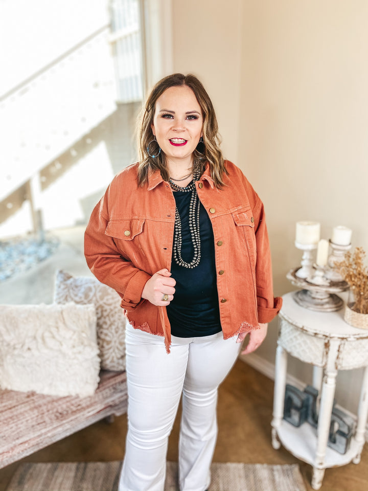 Plus Size | Admire Me Cropped Button Up Denim Jacket in Cinnamon - Giddy Up Glamour Boutique
