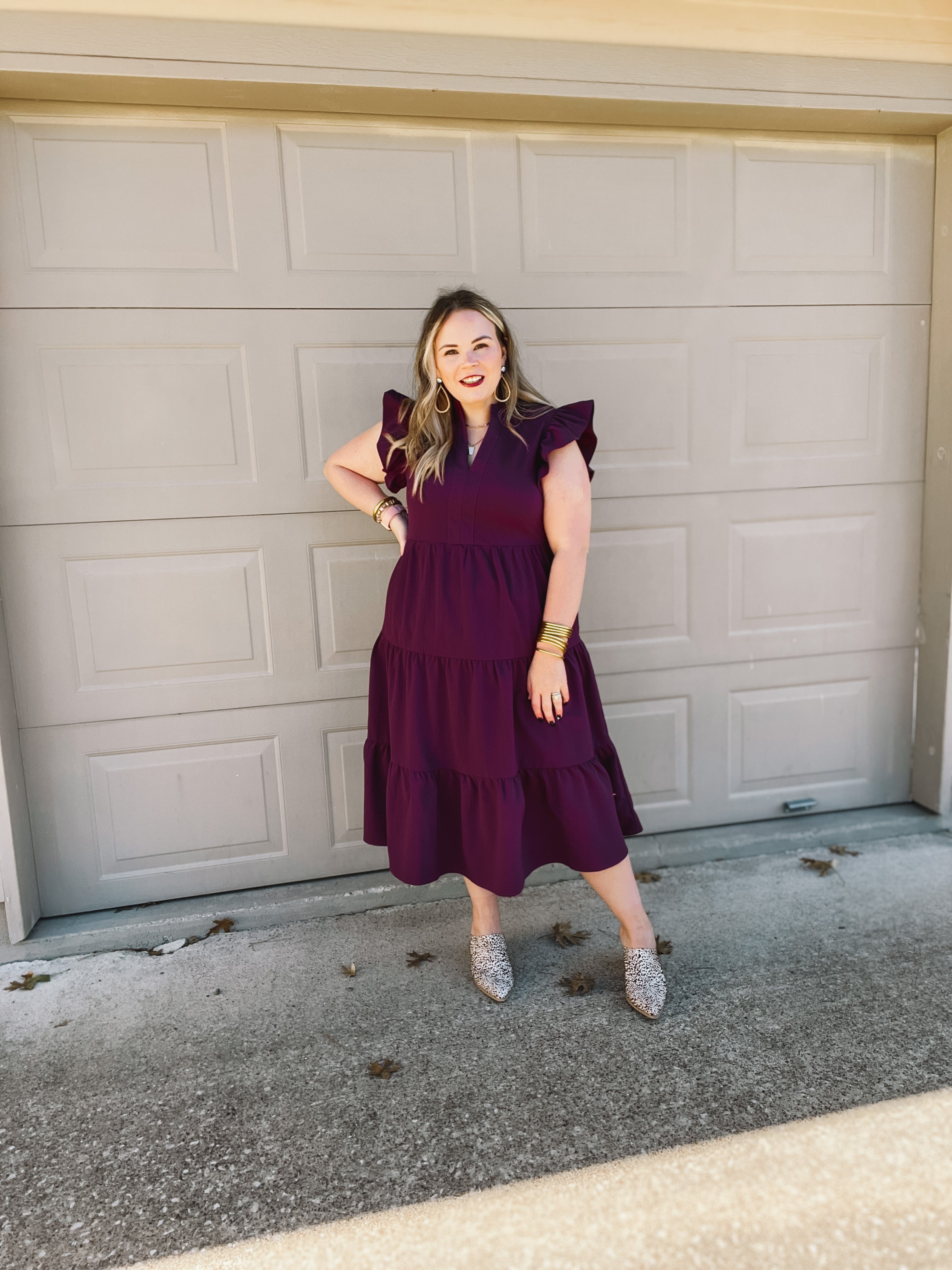 Magnolia Morning Ruffle Cap Sleeve Tiered Midi Dress in Eggplant - Giddy Up Glamour Boutique