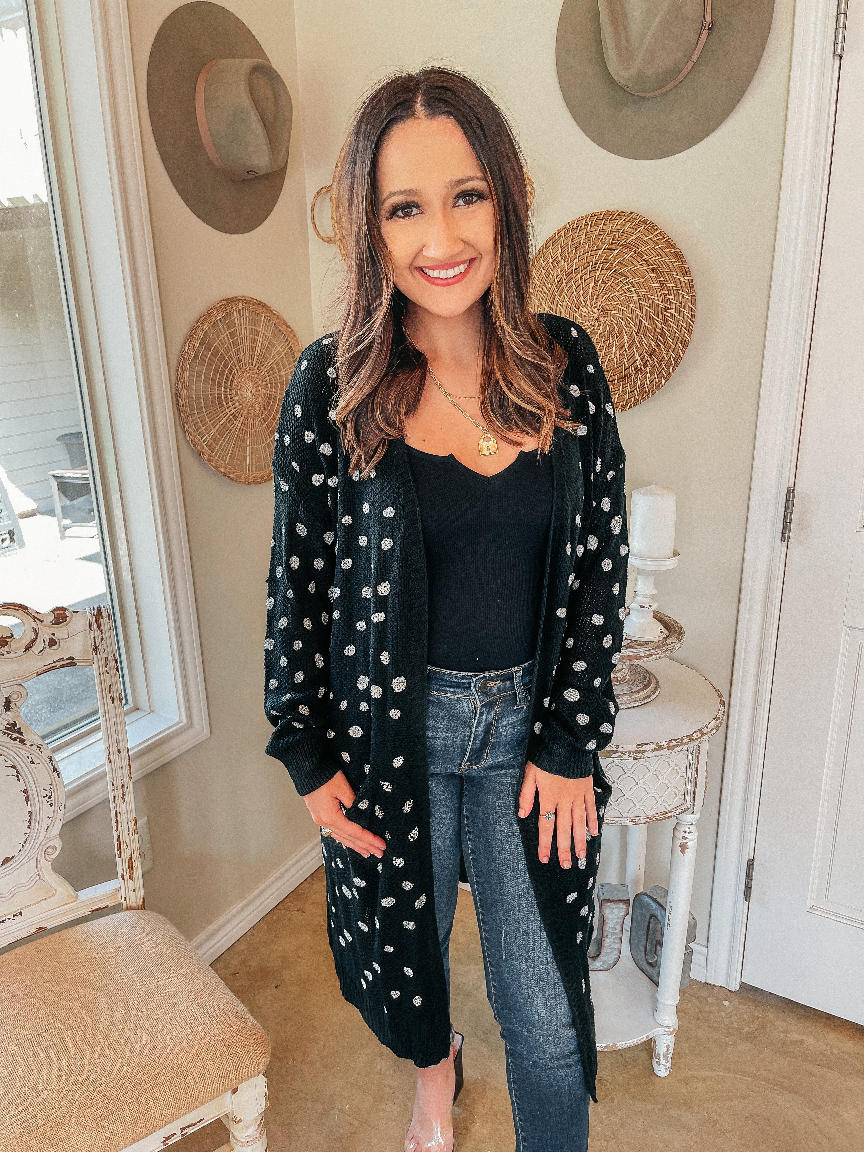 Boho Lifestyle Long Sleeve Polka Dot Duster Cardigan in Black - Giddy Up Glamour Boutique
