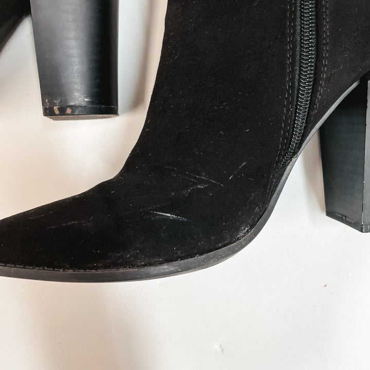 Model Shoes Size 9 | Walking By Side Zip Heeled Booties with Pointed Toe in Black - Giddy Up Glamour Boutique