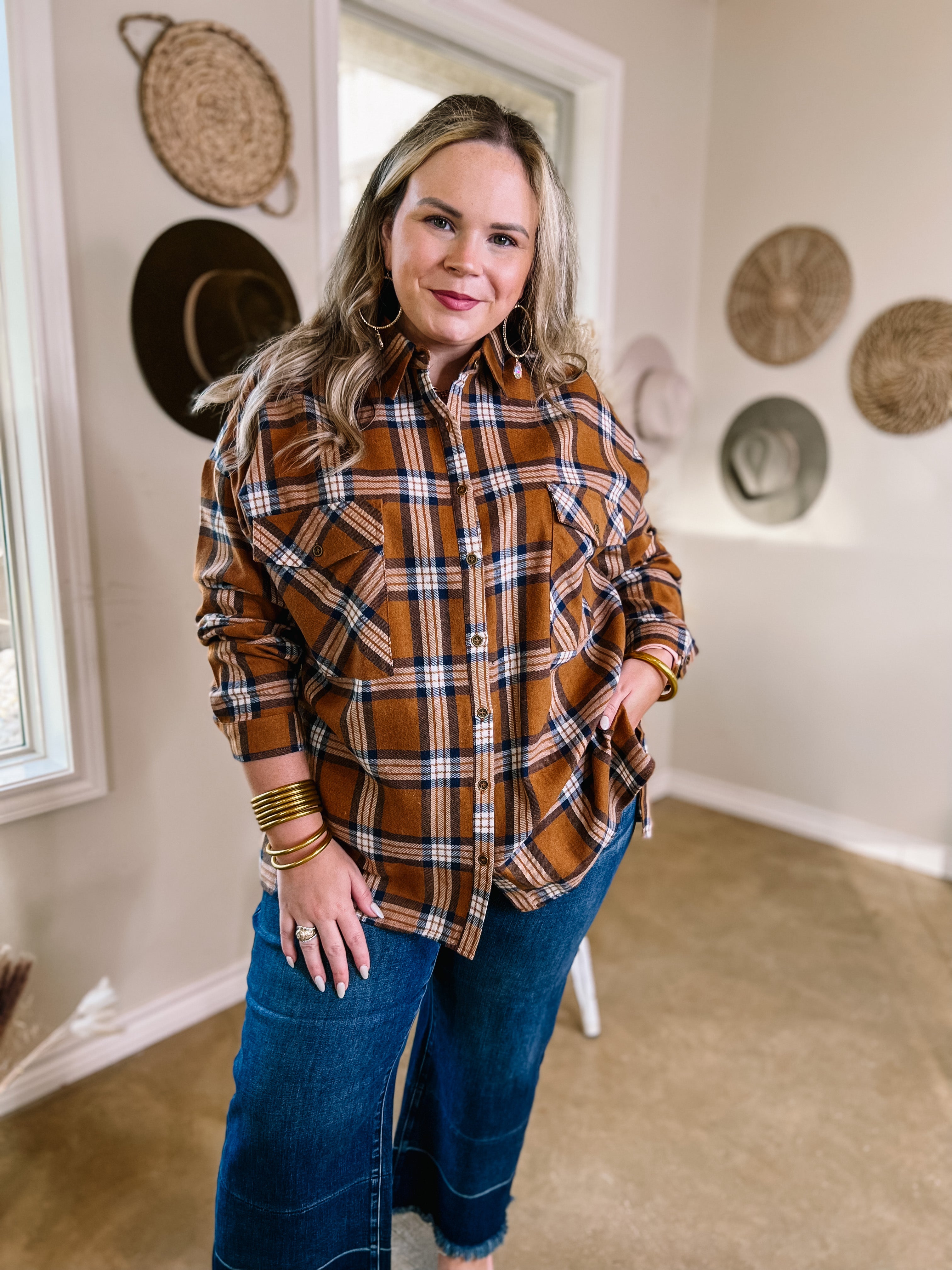 Cheery Mood Button Up Plaid Flannel Top in Camel Brown - Giddy Up Glamour Boutique