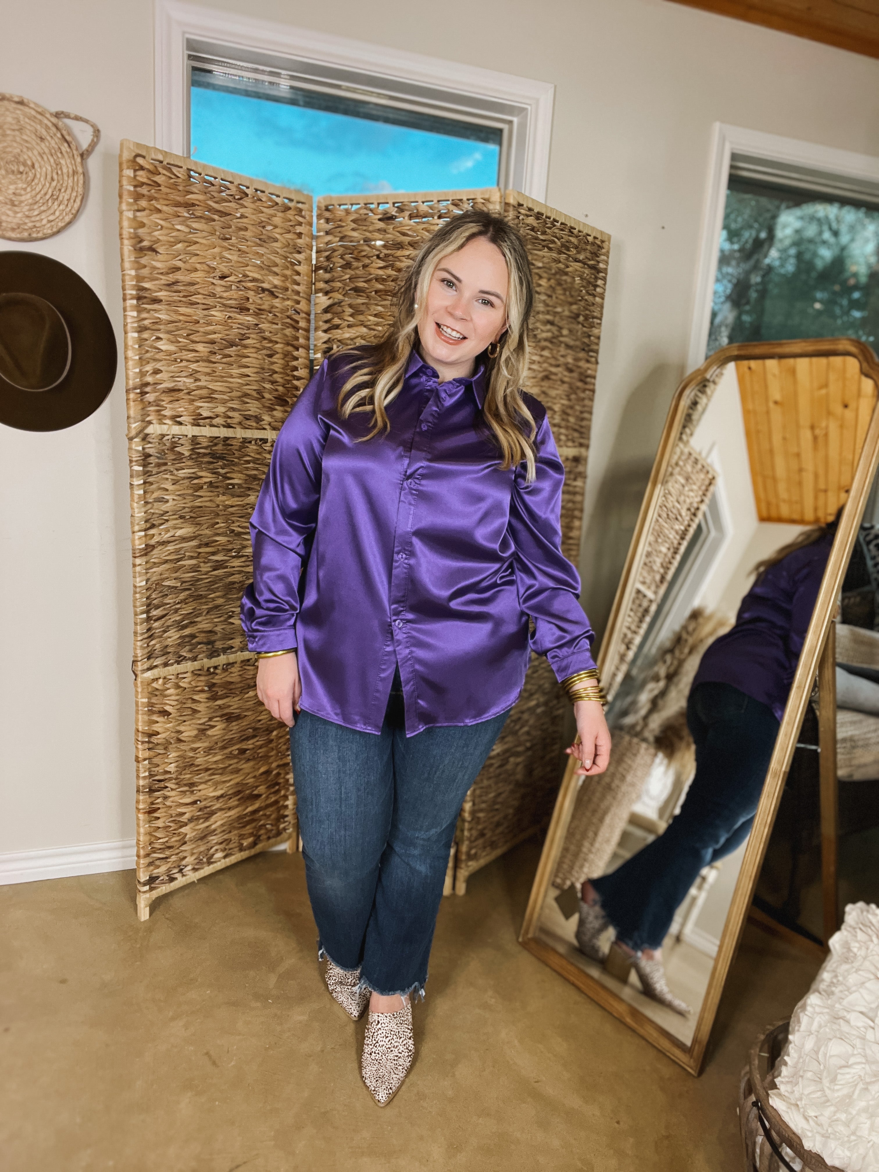 Down To Disco Satin Long Sleeve Button Up Top in Purple - Giddy Up Glamour Boutique
