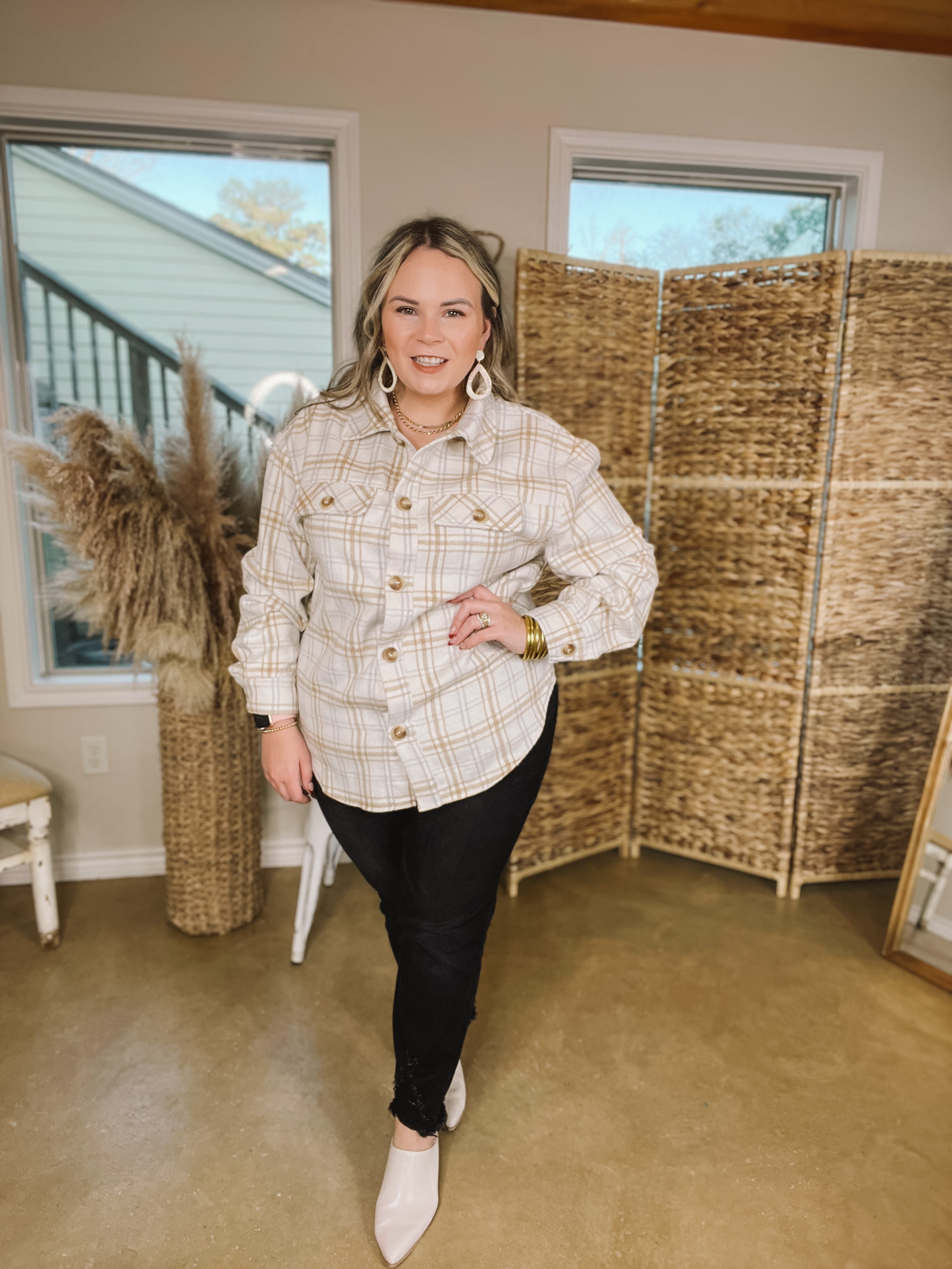 Endless Nights Button Up Plaid Shacket with Pockets in Ivory - Giddy Up Glamour Boutique