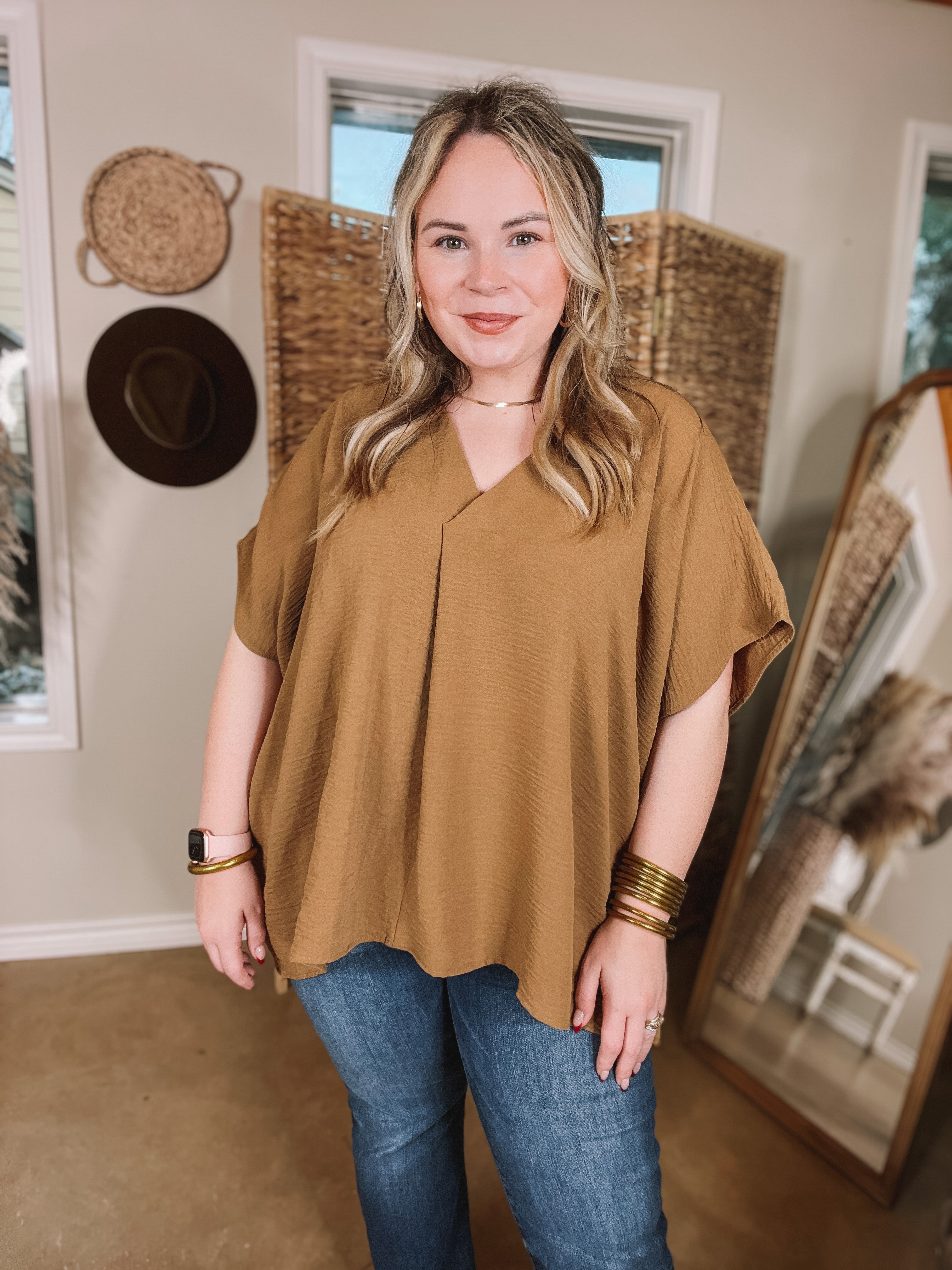 Weekend Out V Neck Placket Short Sleeve Top in Camel Brown - Giddy Up Glamour Boutique