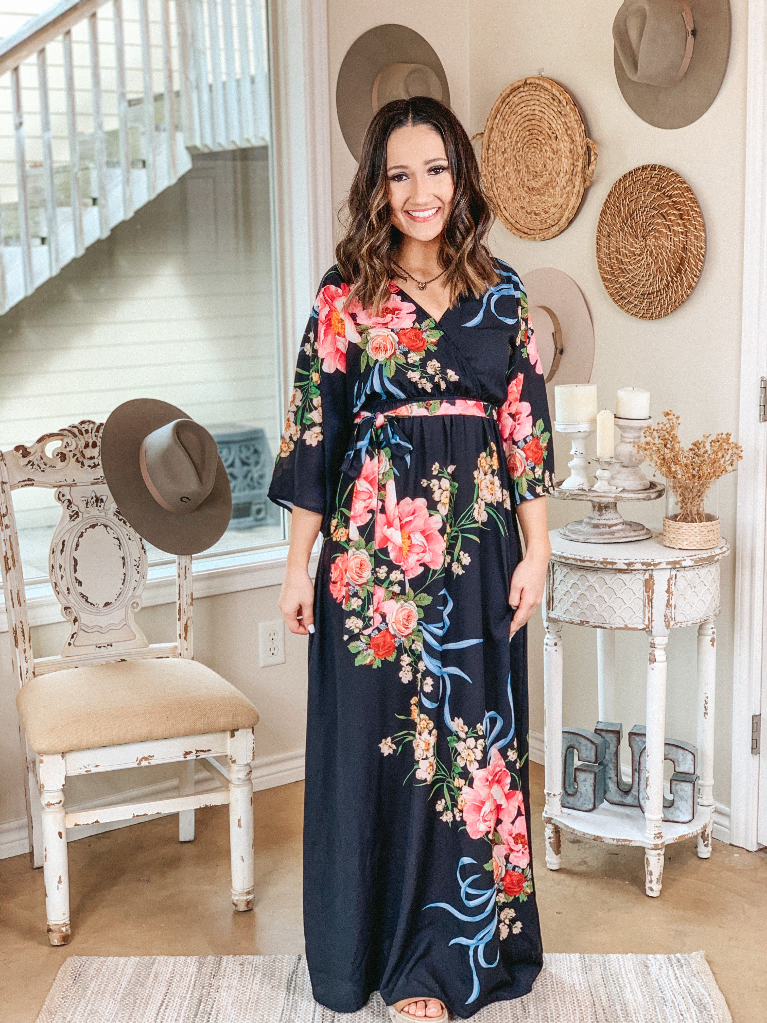Last Chance Size Small | Dream In Color Floral Print Maxi Dress in Black - Giddy Up Glamour Boutique
