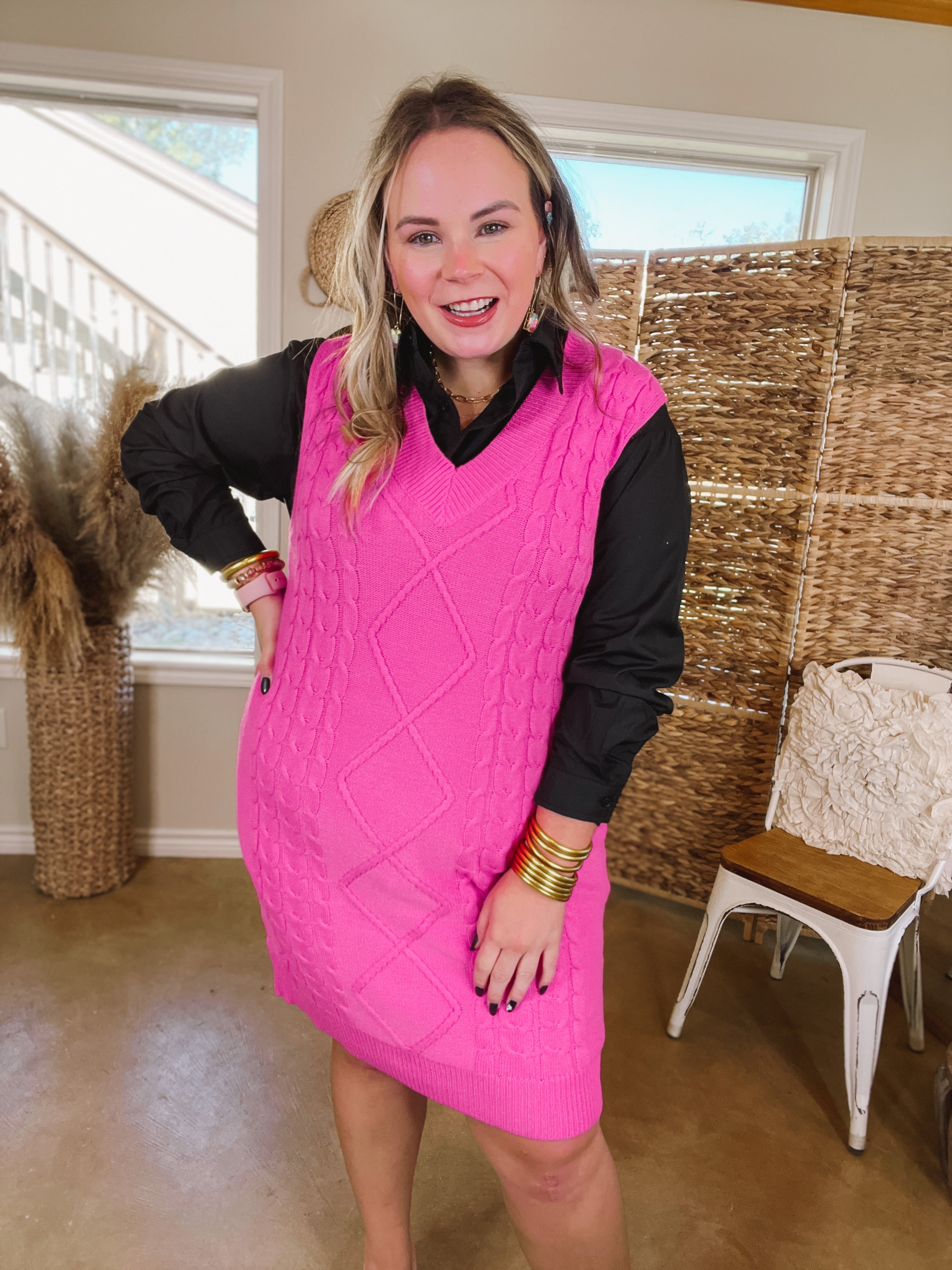 Cabin In Vermont V Neck Tank Sweater Dress in Hot Pink - Giddy Up Glamour Boutique