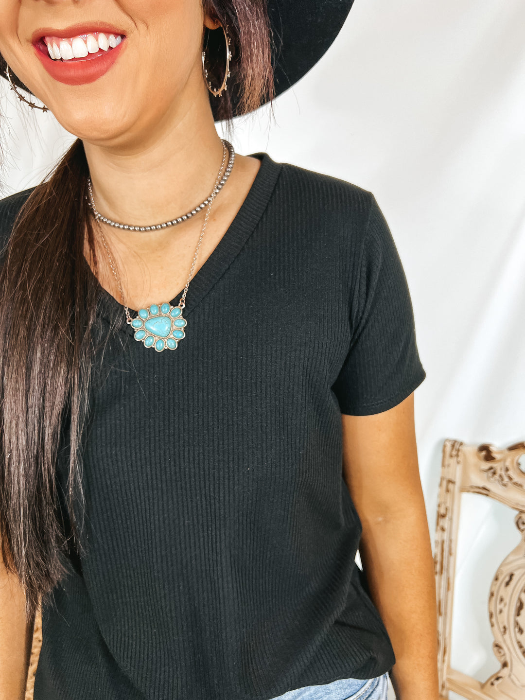 Simply Obsessed Ribbed Short Sleeve V Neck Top in Black - Giddy Up Glamour Boutique