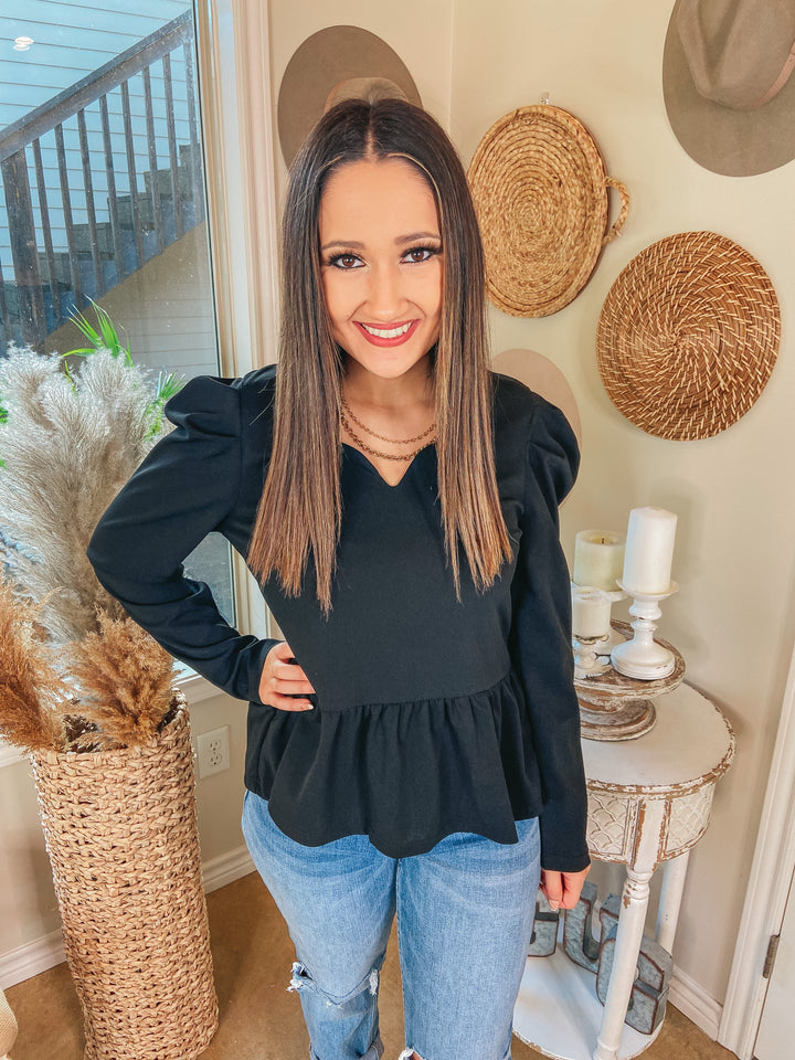 City Style Scalloped V Neck Peplum Blouse in Black - Giddy Up Glamour Boutique