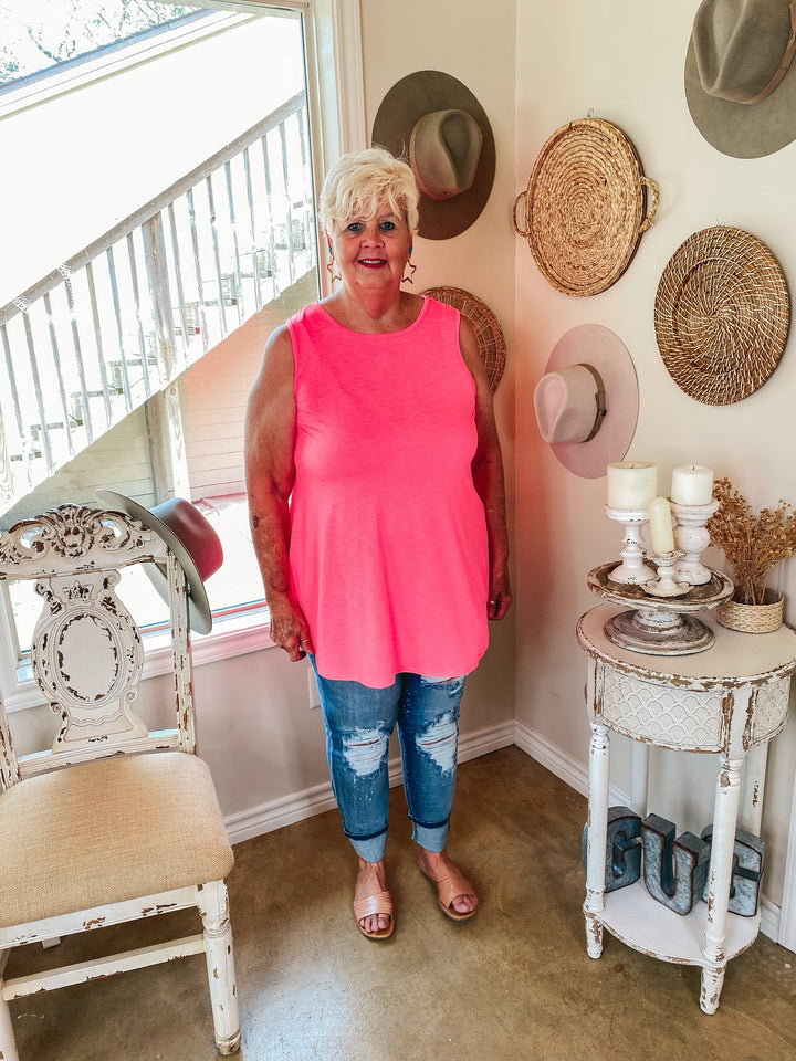 Give Me Joy Solid Bulgari A-Line Tank Top in Neon Pink - Giddy Up Glamour Boutique