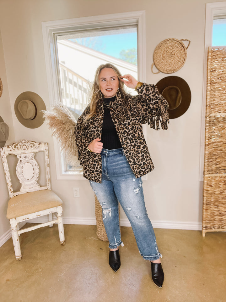 Take Over Leopard Print Button Up Jacket with Fringe in Brown - Giddy Up Glamour Boutique