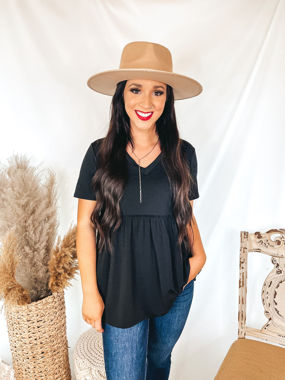 Biggest Smile Short Sleeve V Neck Babydoll Top in Black - Giddy Up Glamour Boutique