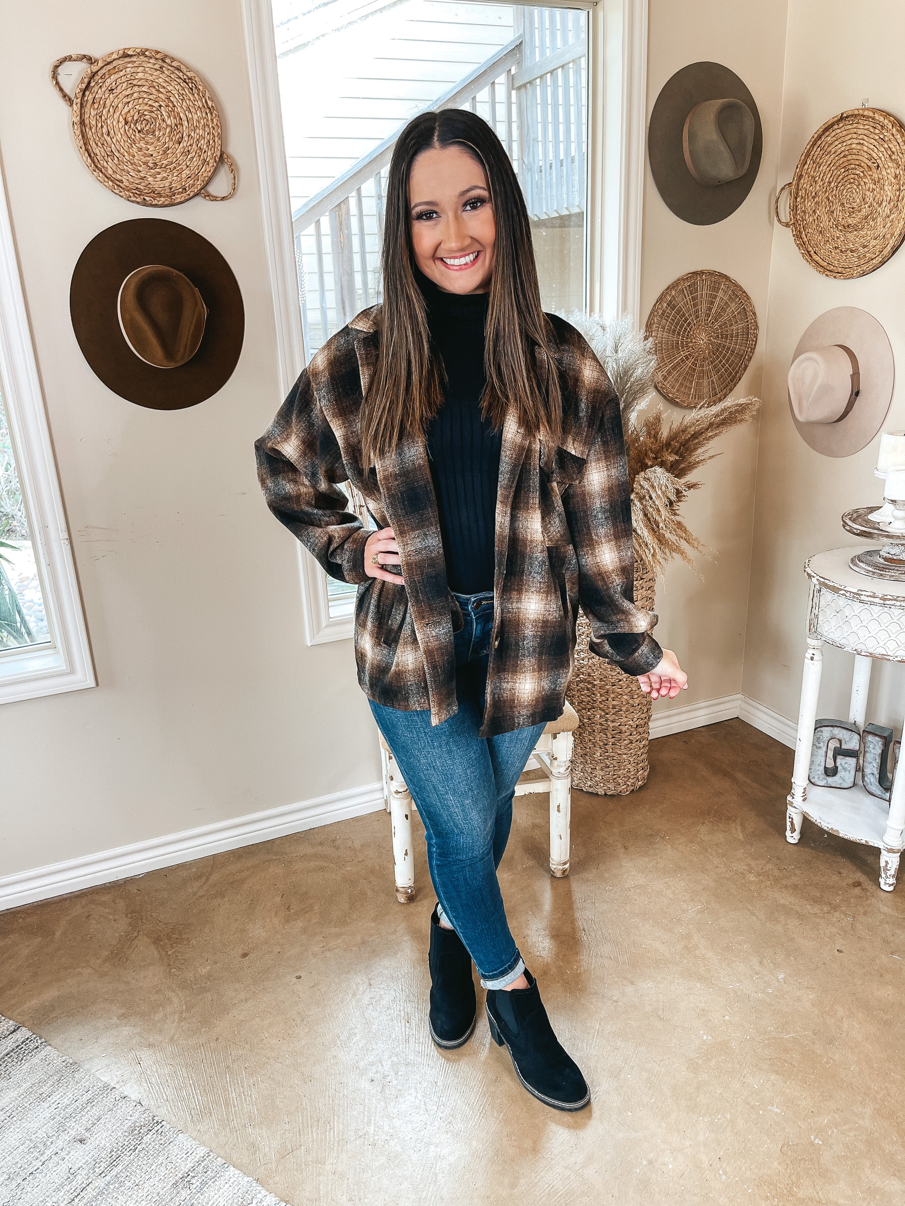 Original Idea Plaid Button Up Shacket in Brown - Giddy Up Glamour Boutique