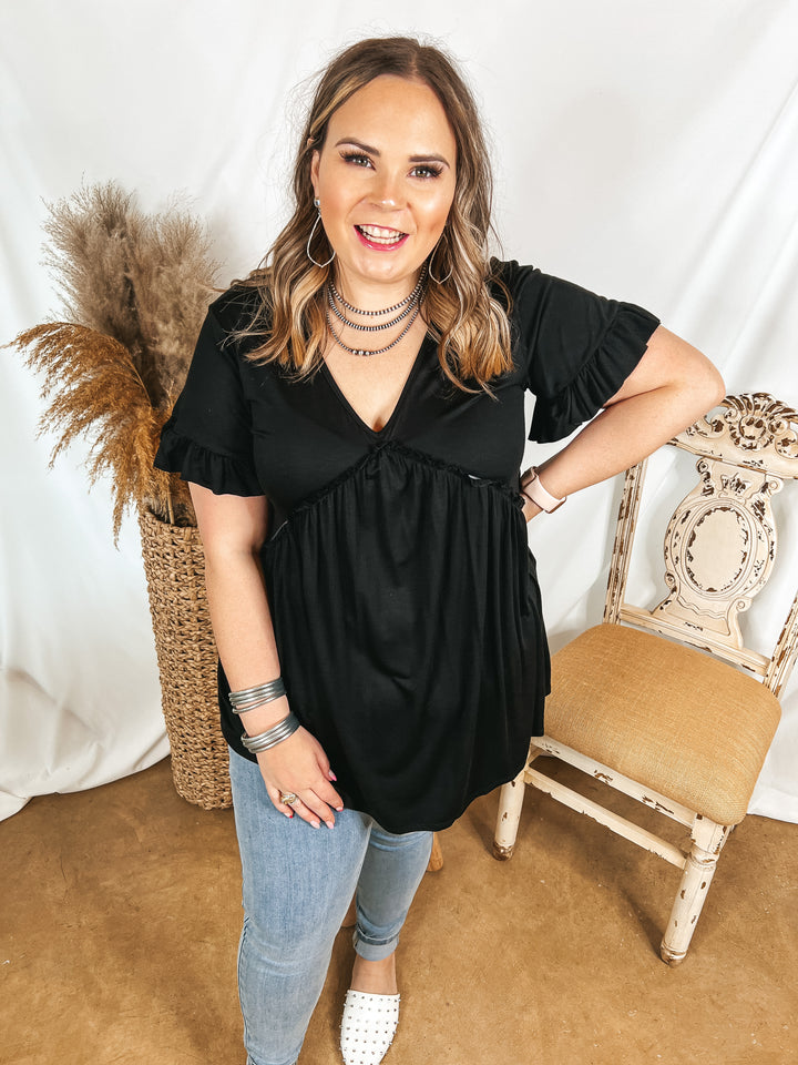 Upon Request Ruffle Detailed Short Sleeve Babydoll Top in Black - Giddy Up Glamour Boutique