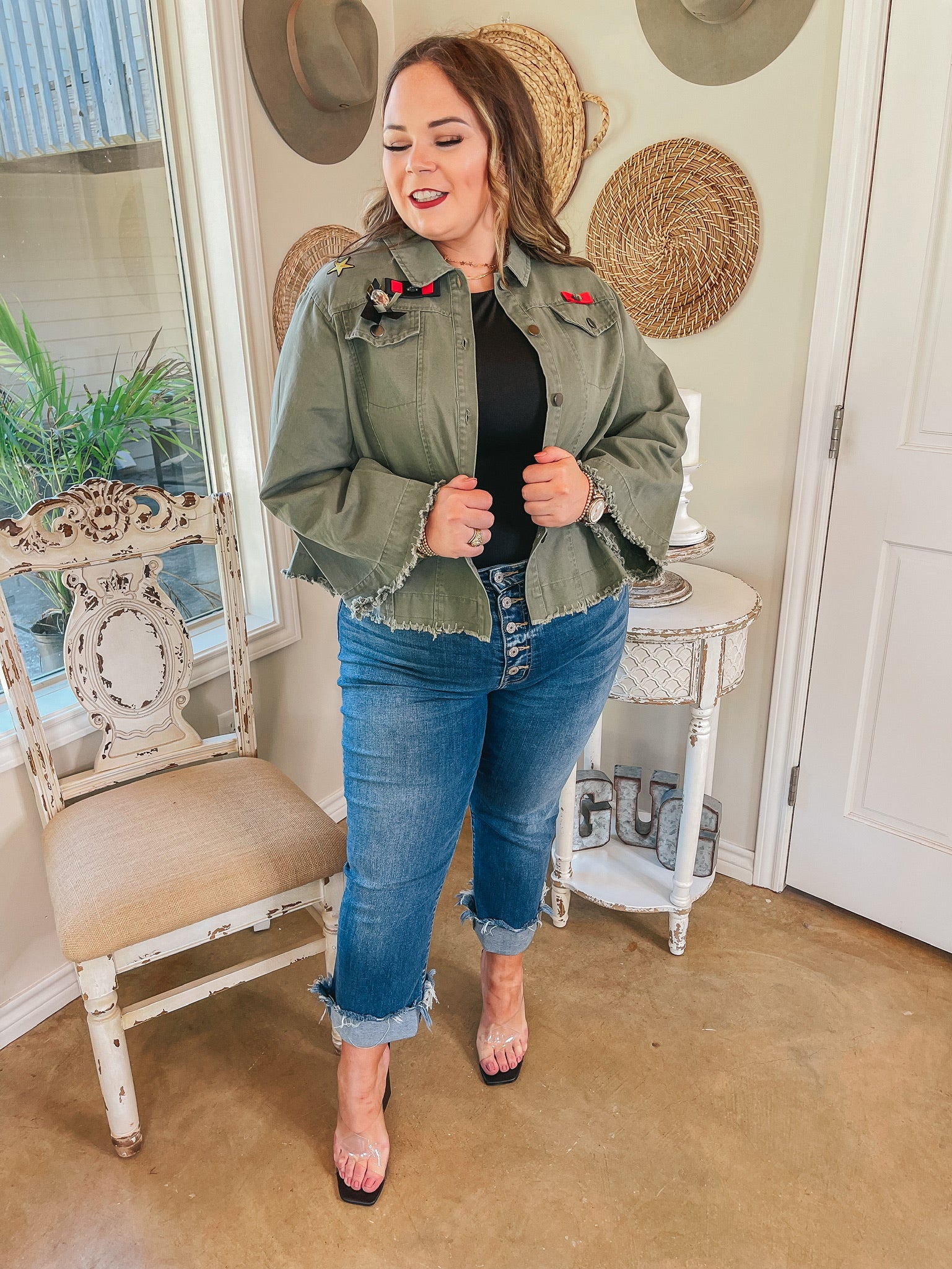 Downtown Denver Flare Sleeve Cropped Jacket with Patches in Olive Green - Giddy Up Glamour Boutique