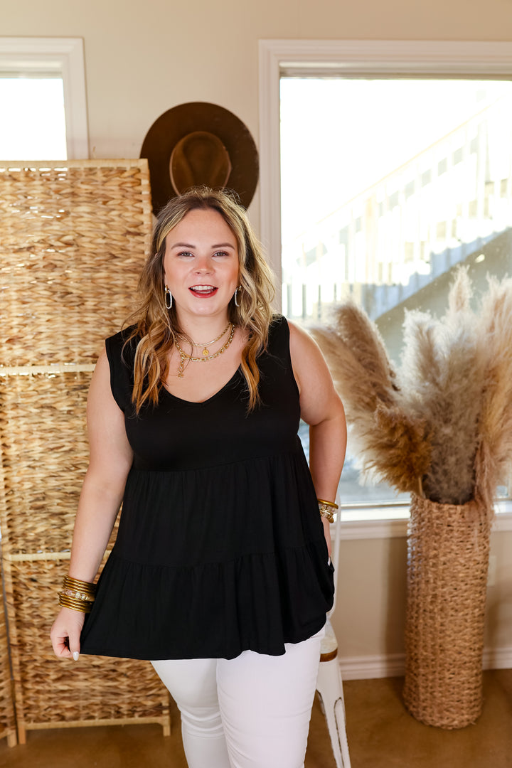 Most Love Tiered Tank Top with V Neckline in Black - Giddy Up Glamour Boutique