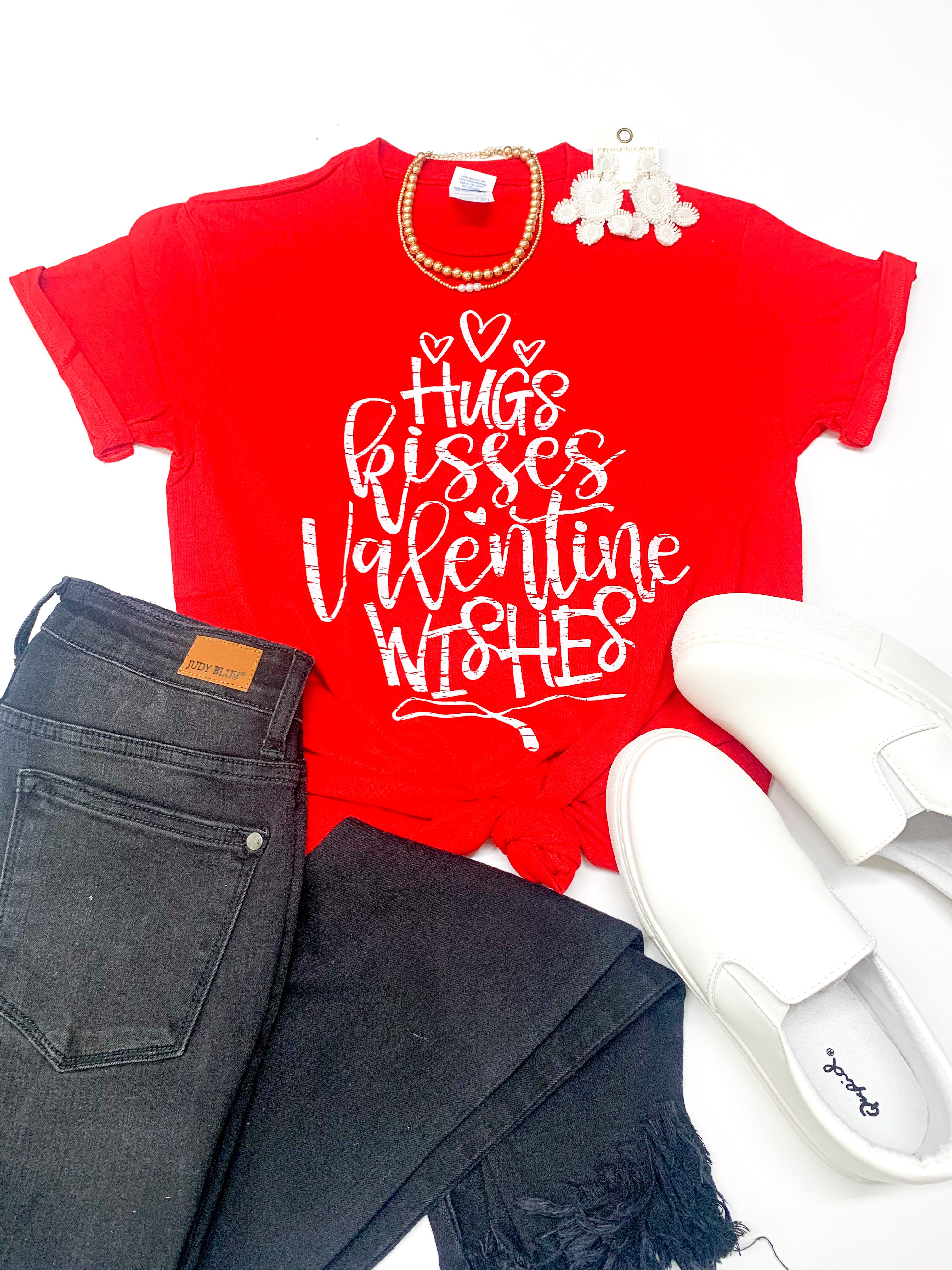 Hugs, Kisses, and Valentine Wishes Graphic Tee in Red - Giddy Up Glamour Boutique