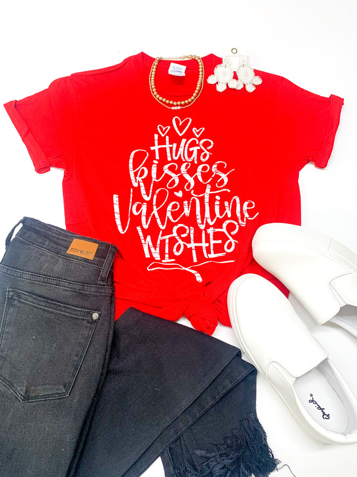 Hugs, Kisses, and Valentine Wishes Graphic Tee in Red - Giddy Up Glamour Boutique