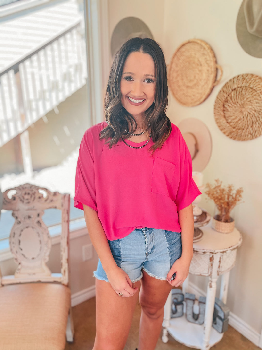 On Record V Neck Short Sleeve Shift Top with Front Pocket in Fuchsia - Giddy Up Glamour Boutique