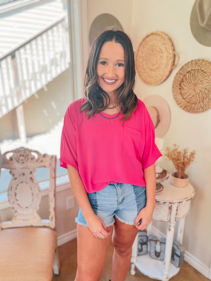 On Record V Neck Short Sleeve Shift Top with Front Pocket in Fuchsia - Giddy Up Glamour Boutique
