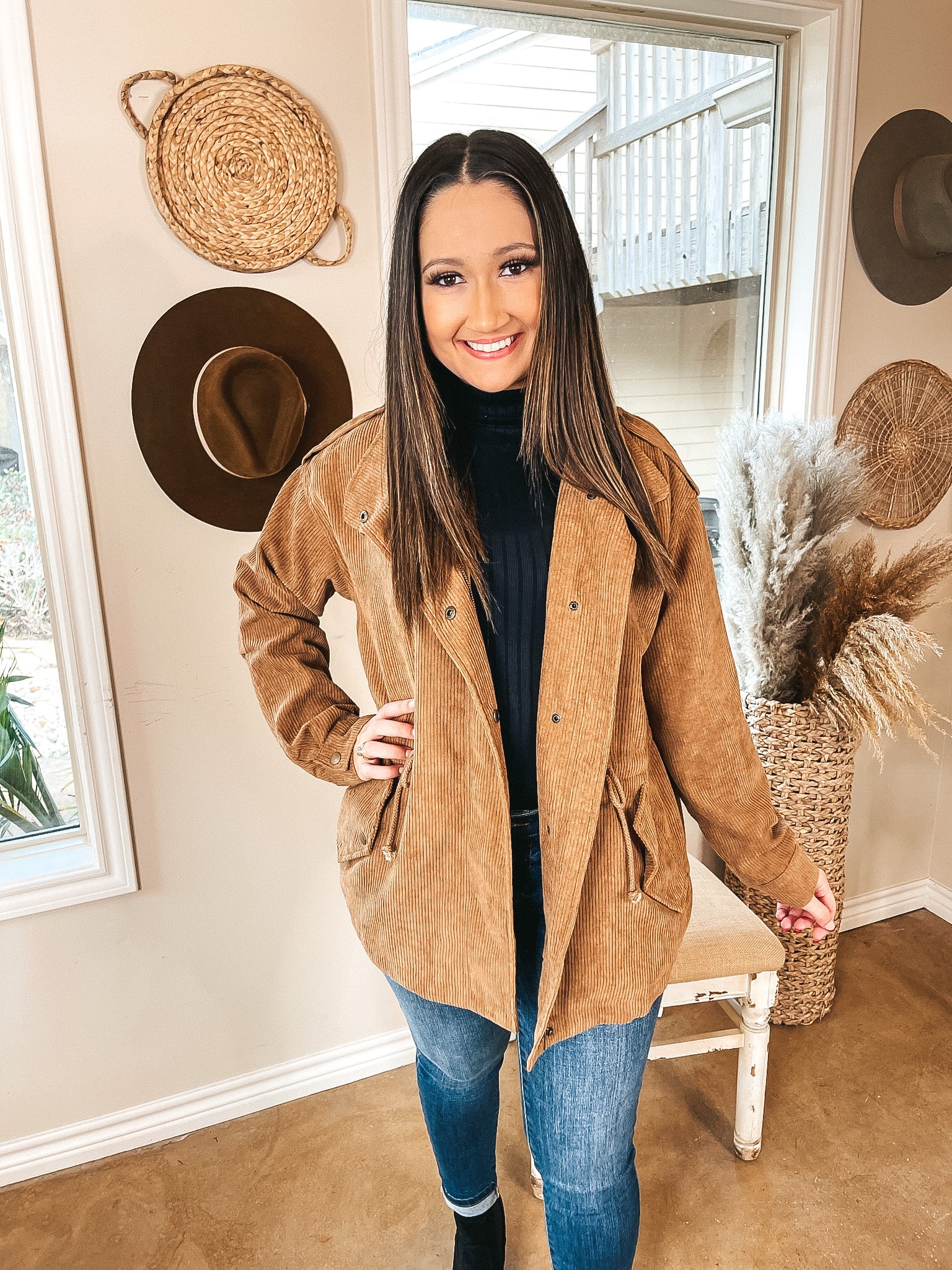 Warm Soul Corduroy Button and Zip Up Utility Jacket in Camel Brown - Giddy Up Glamour Boutique