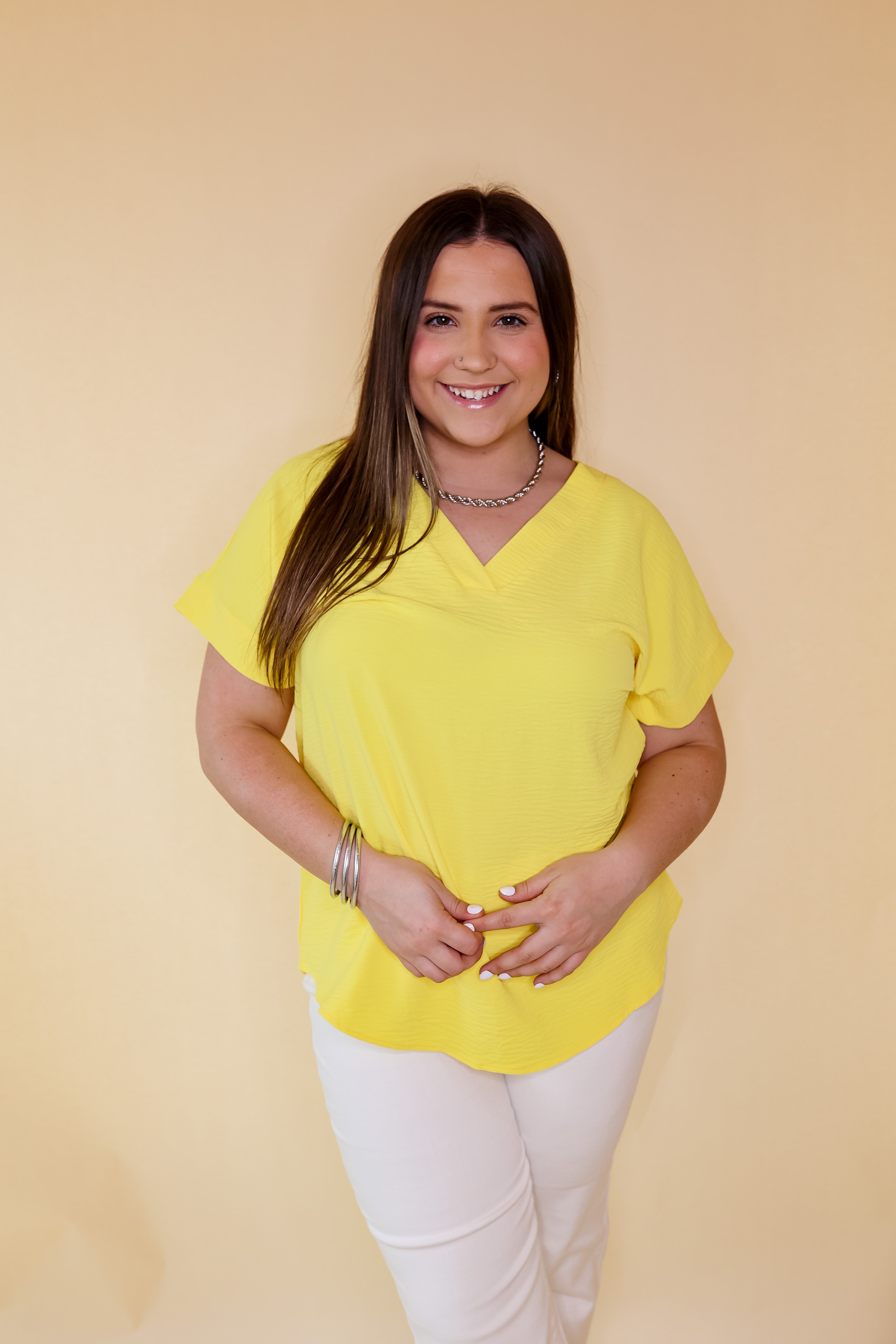 Cause To Celebrate V Neck Short Sleeve Top in Yellow - Giddy Up Glamour Boutique