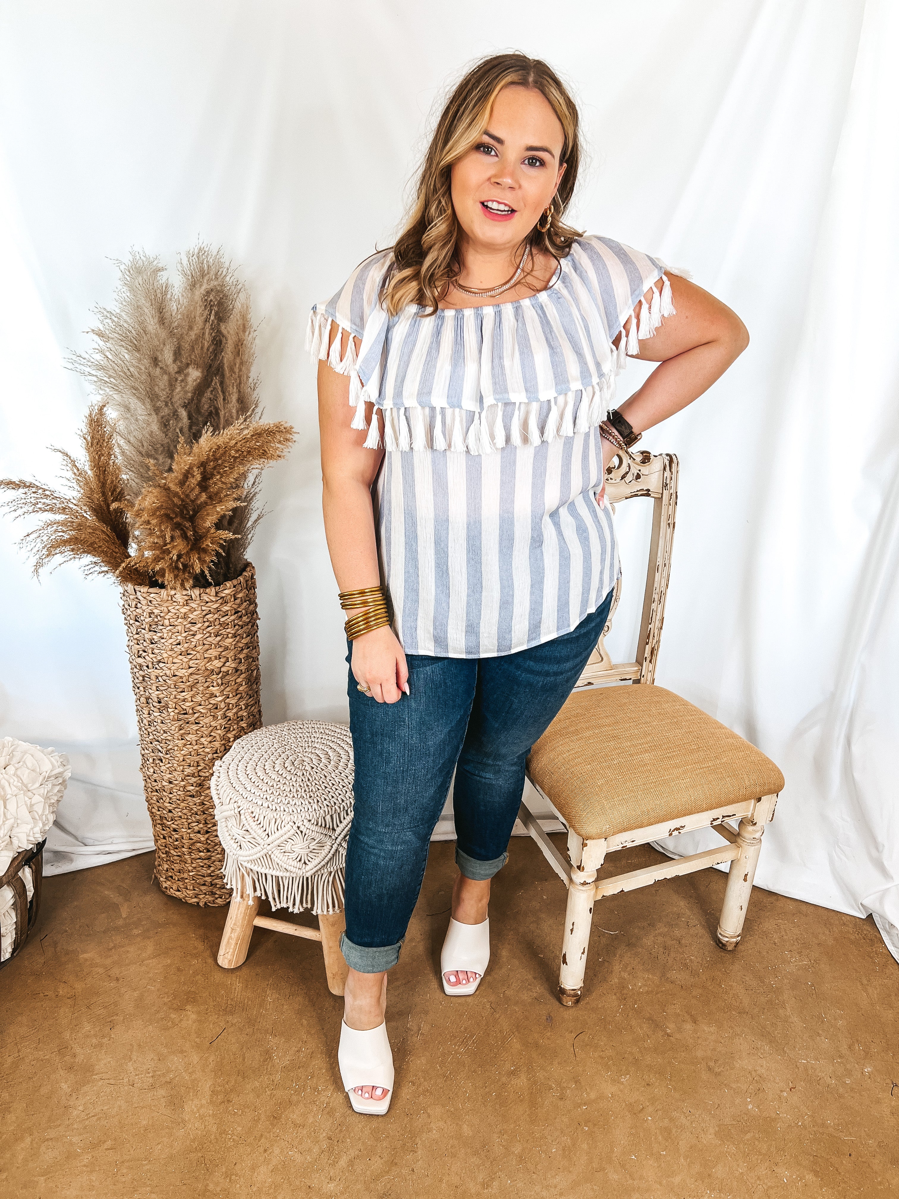 SoCal Sun Striped Off the Shoulder Top with Tassels in Ivory and Blue - Giddy Up Glamour Boutique