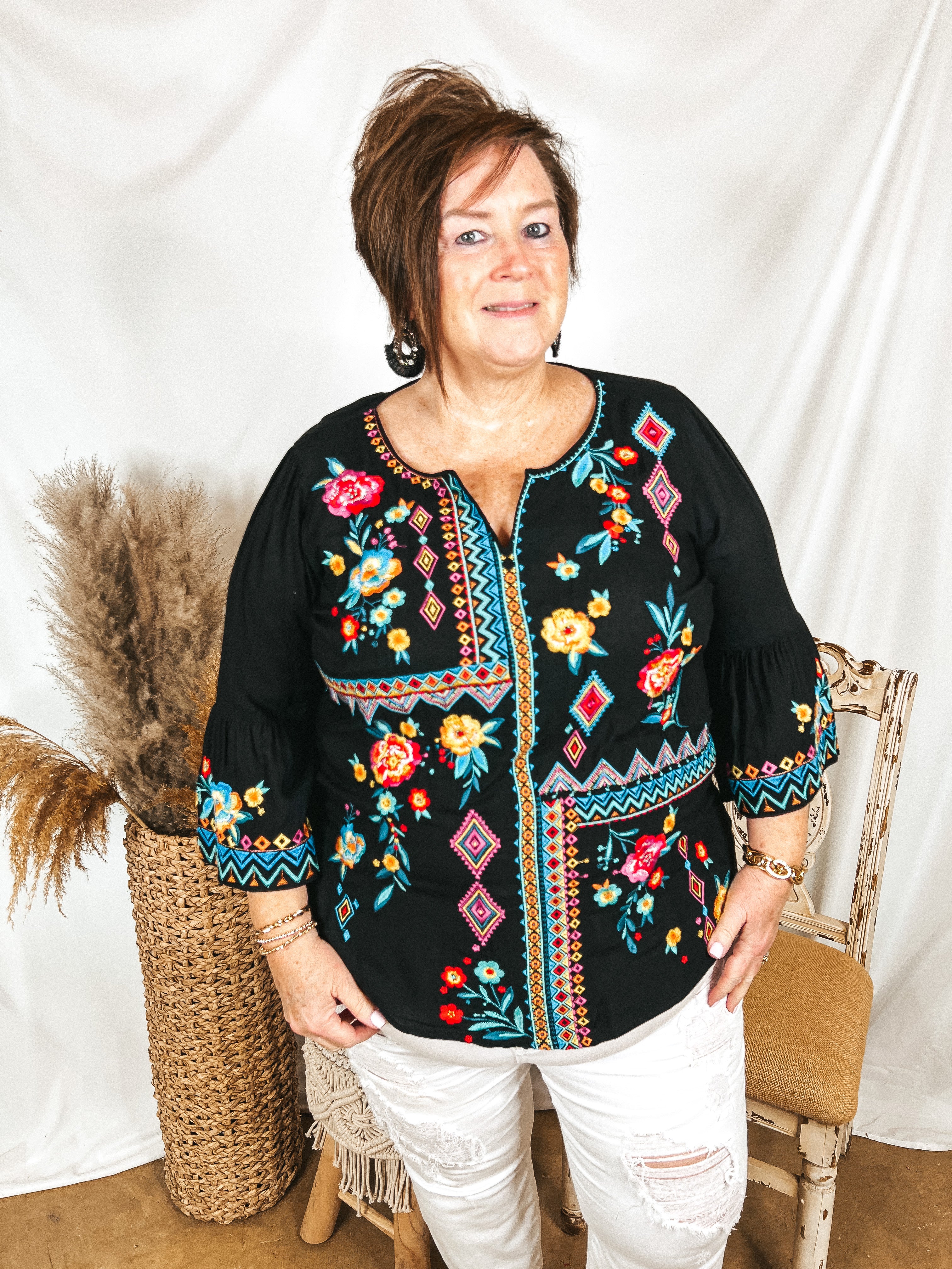 Light the Way 3/4 Sleeve Embroidered Top with Notched Neck in Black - Giddy Up Glamour Boutique