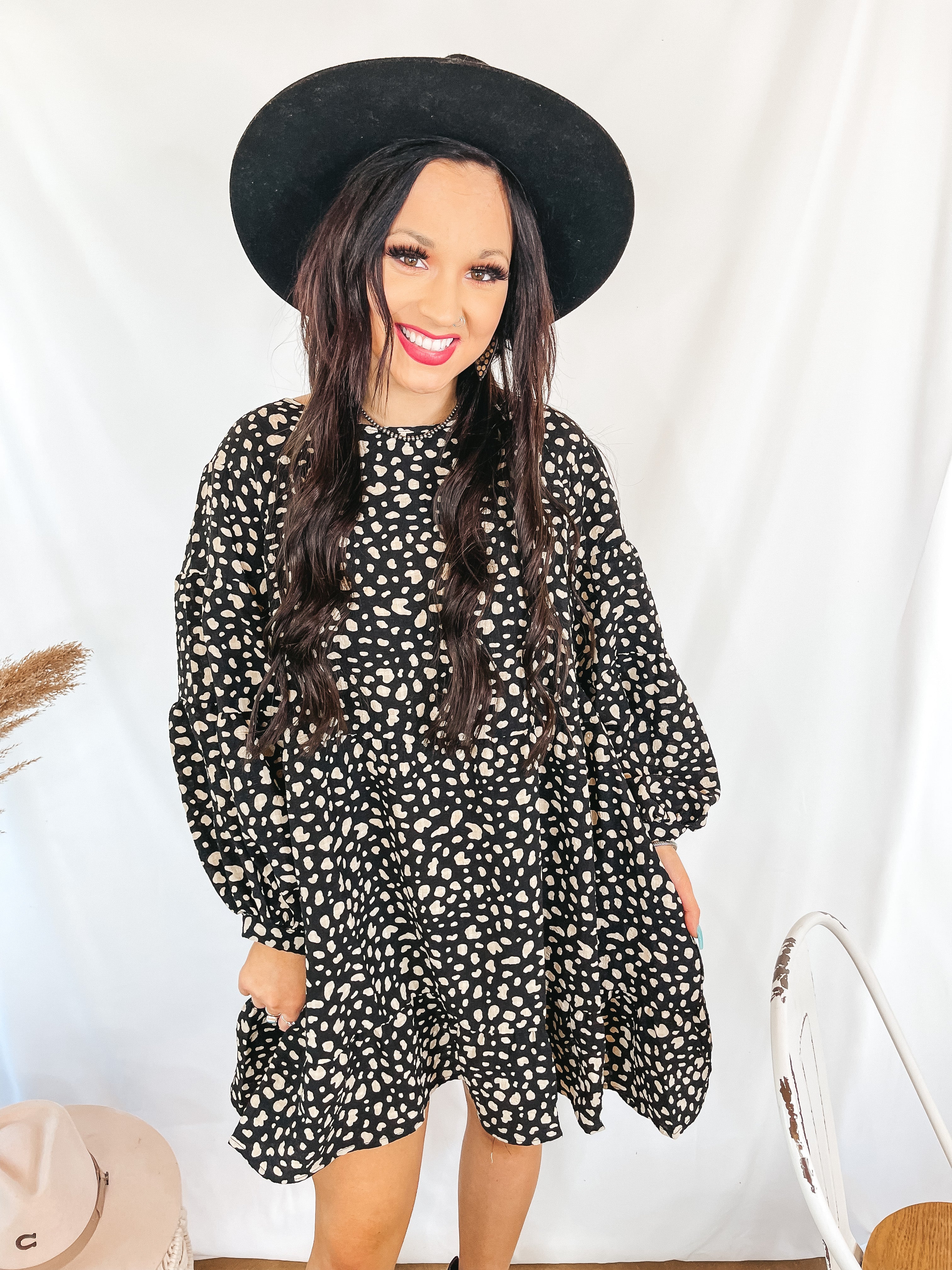 Just Like Magic Dotted Babydoll Dress with Balloon Sleeves in Black - Giddy Up Glamour Boutique