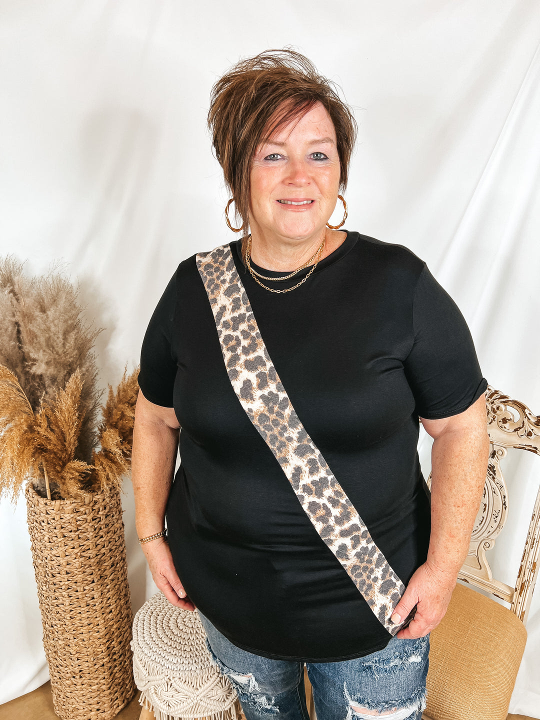 At It Again Leopard Print Diagonal Stripe Top in Black - Giddy Up Glamour Boutique