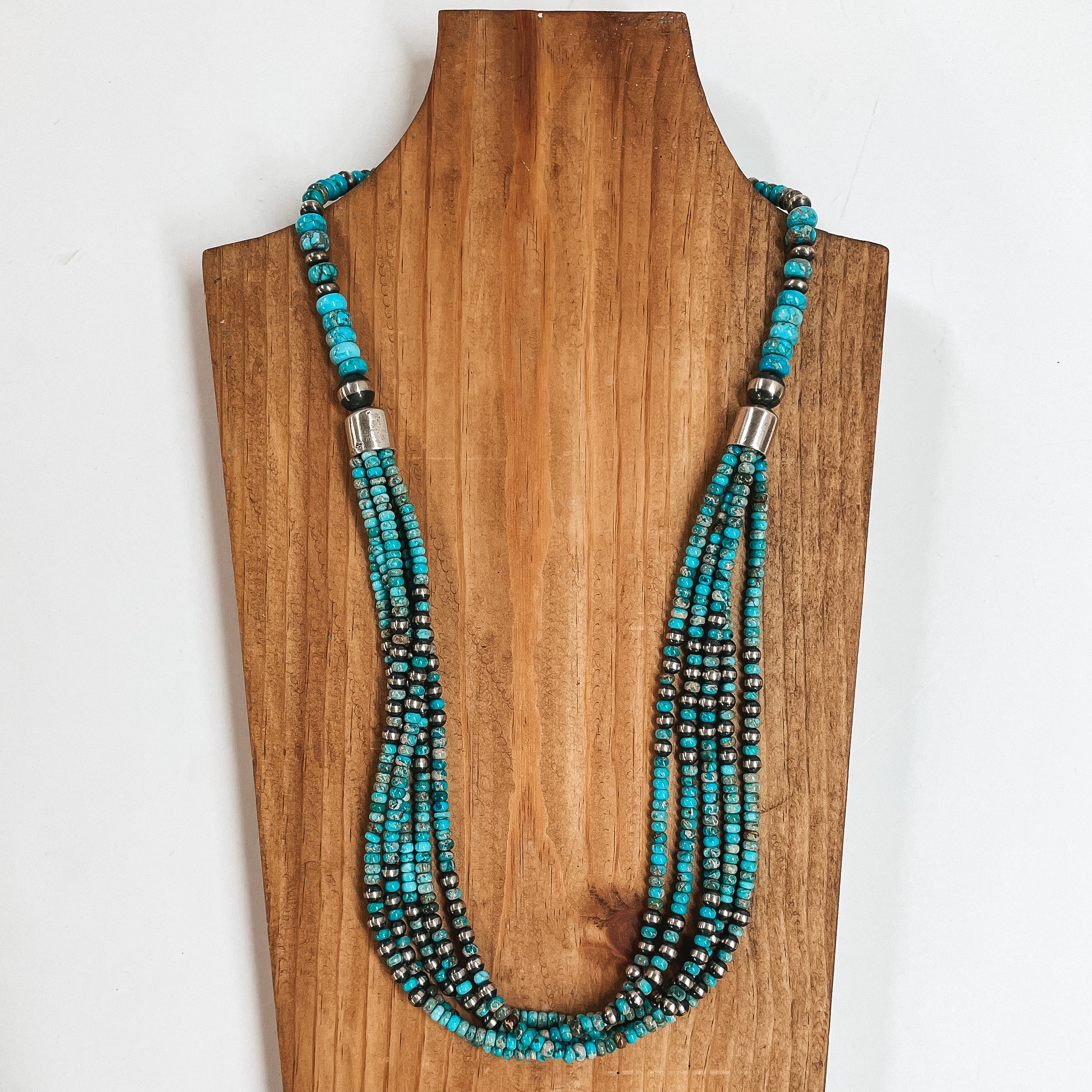 Navajo | Navajo Handmade Sterling Silver Multi Strand Turquoise Beaded Necklace with Navajo Pearls