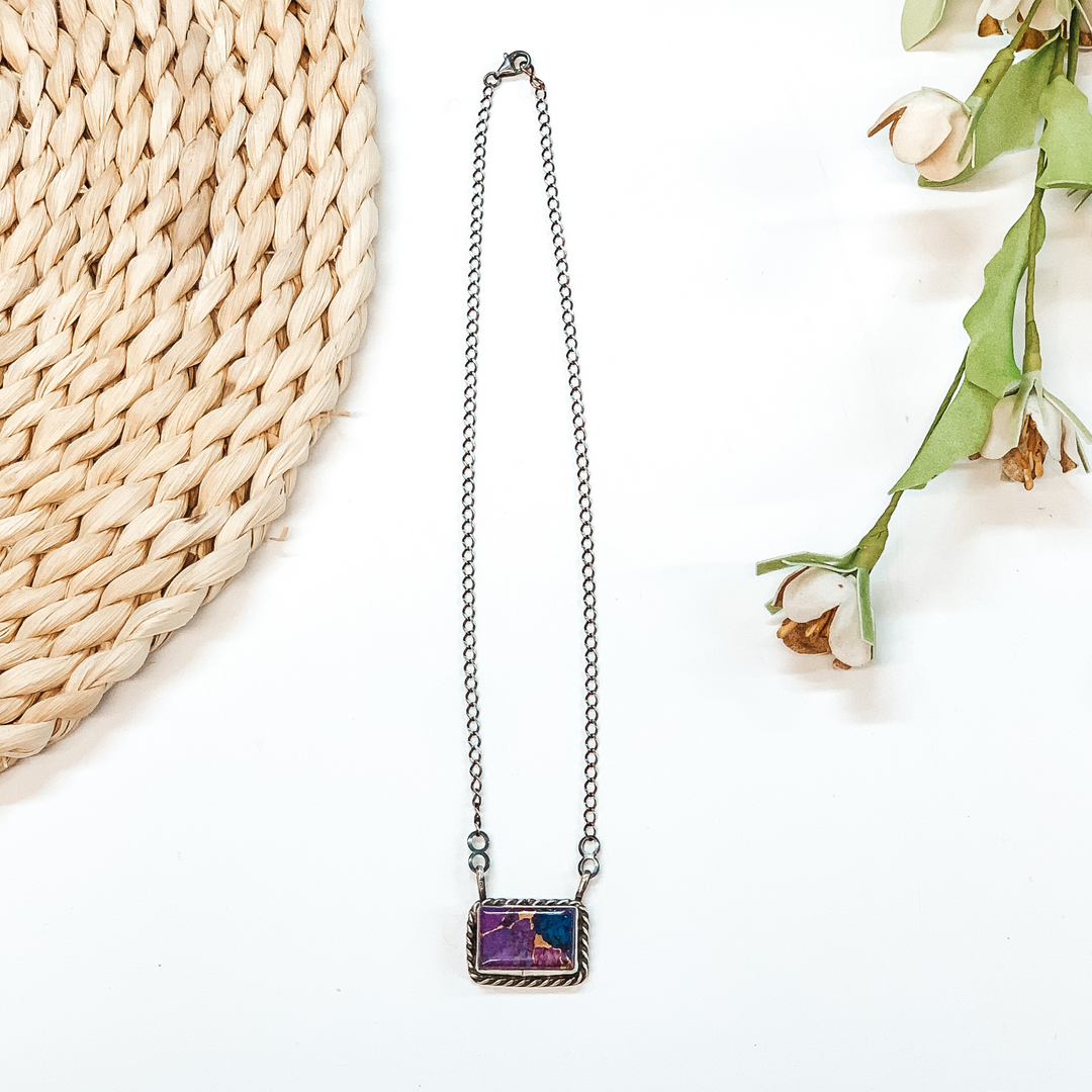 Betta Lee | Navajo Handmade Sterling Silver Chain Necklace with Large Remix Mojave Turquoise Stone and Rope Detailing Bar - Giddy Up Glamour Boutique