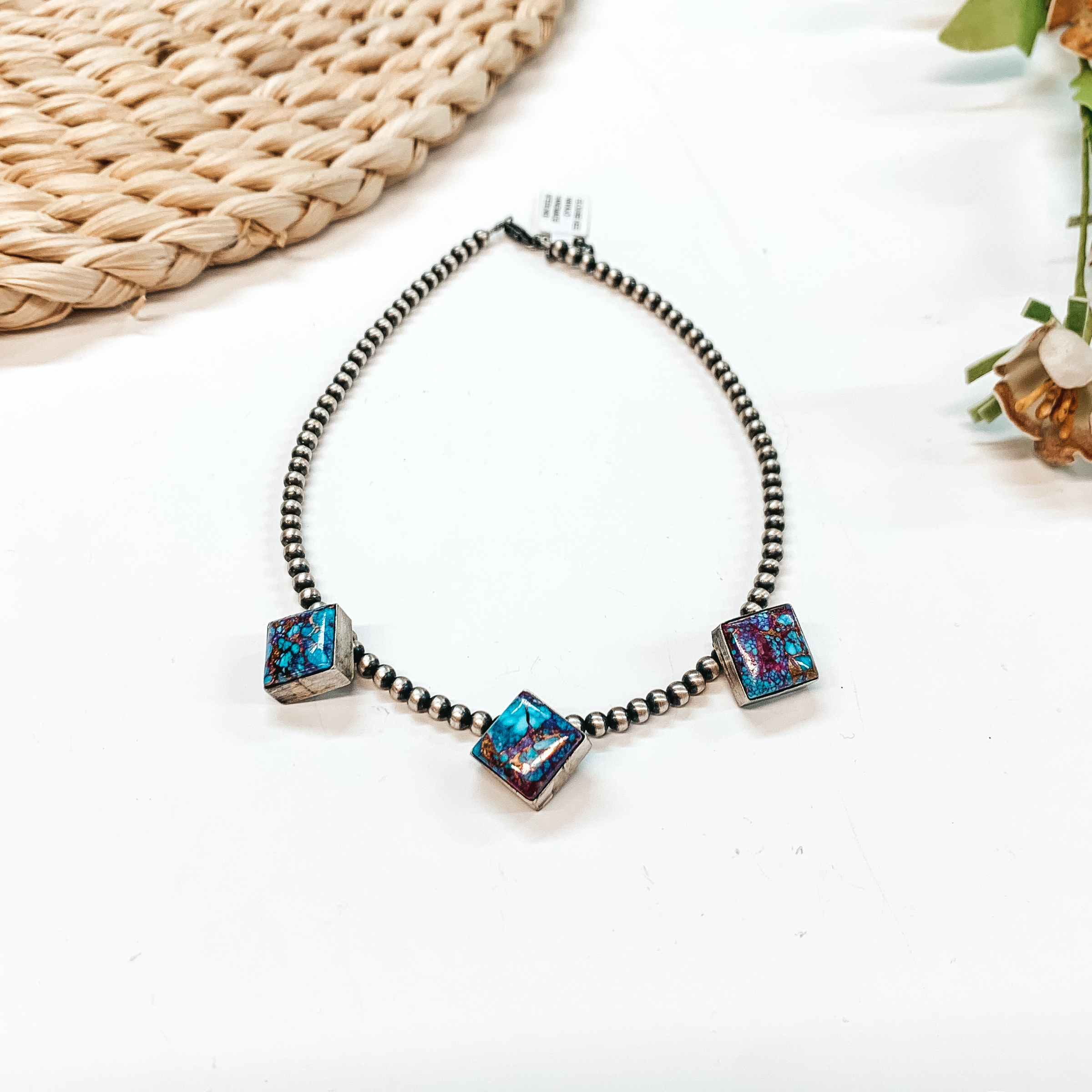 Elouise Kee | Navajo Handmade 4mm 14 inch Navajo Pearl Necklace with 3 Diamond Remix Mojave Turquoise Stones - Giddy Up Glamour Boutique